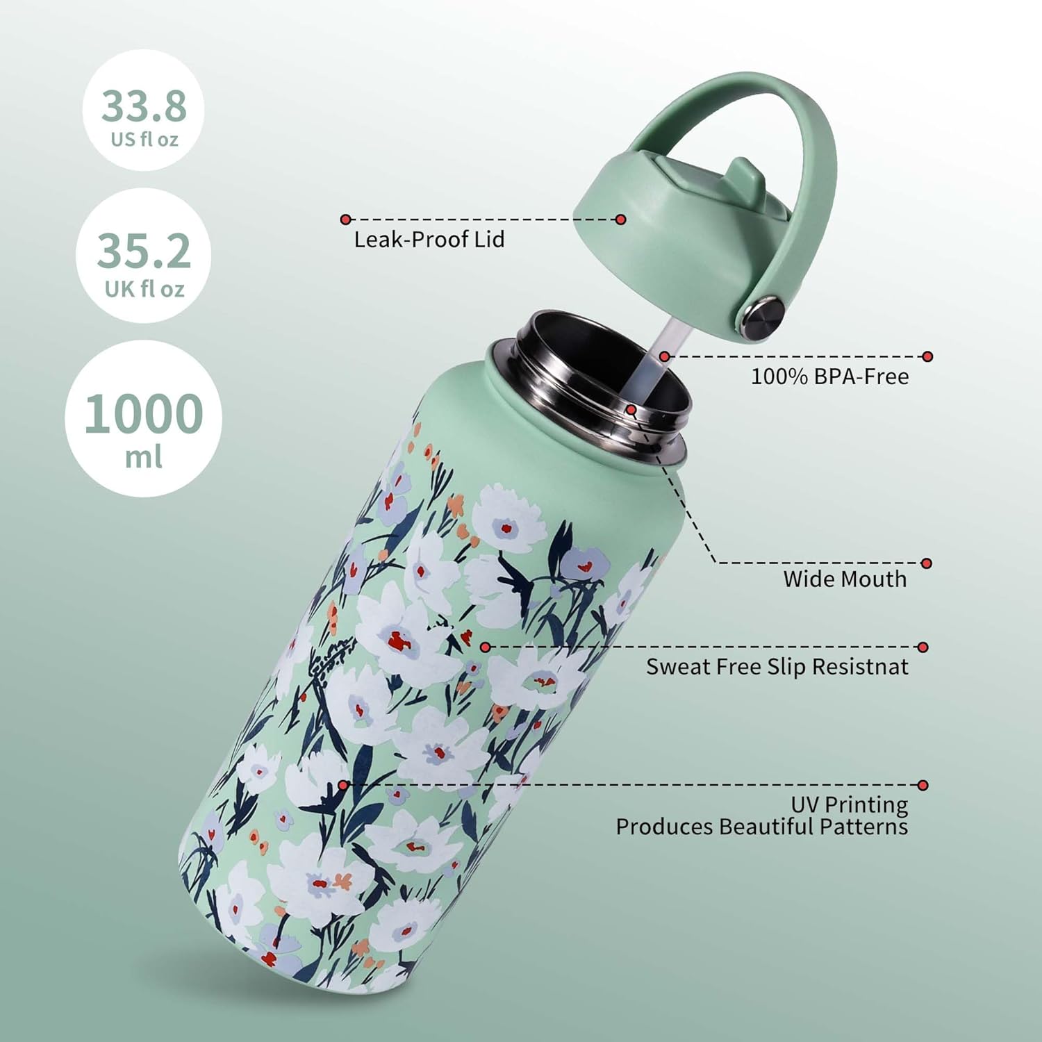 Goetland Flowers Water Bottle Beverage Bottle with Straw Lid 32 oz Stainless Steel Wide Mouth Vacuum Insulated Cute UV Printing Leak Proof For Women Girls Kids Light Green - Image 3