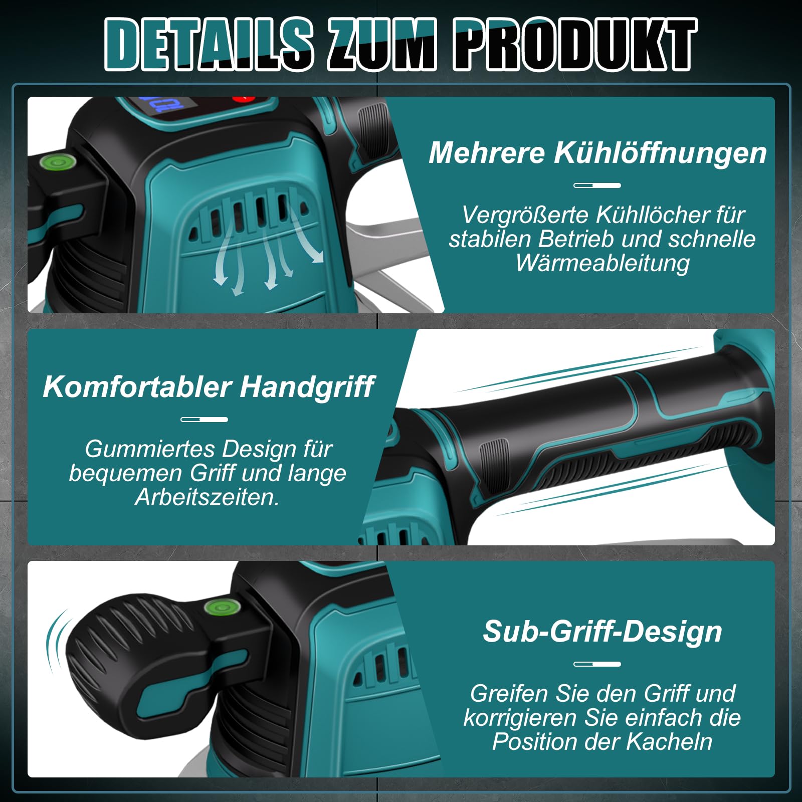 Vibrador baldosas sin cable para Makita 18 V batería, Máquina Pared Azulejos con 6 velocidades, ventosa de 14,8cm y 160 kg de adsorción para colocar baldosas de 30-120cm (Baterías no incluidas)
