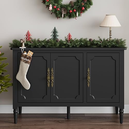 Miniatura 3 de RoyalCraft Armario de almacenamiento con 3 puertas, aparador de mediados de siglo con estantes ajustables, gabinete de buffet de madera con patas