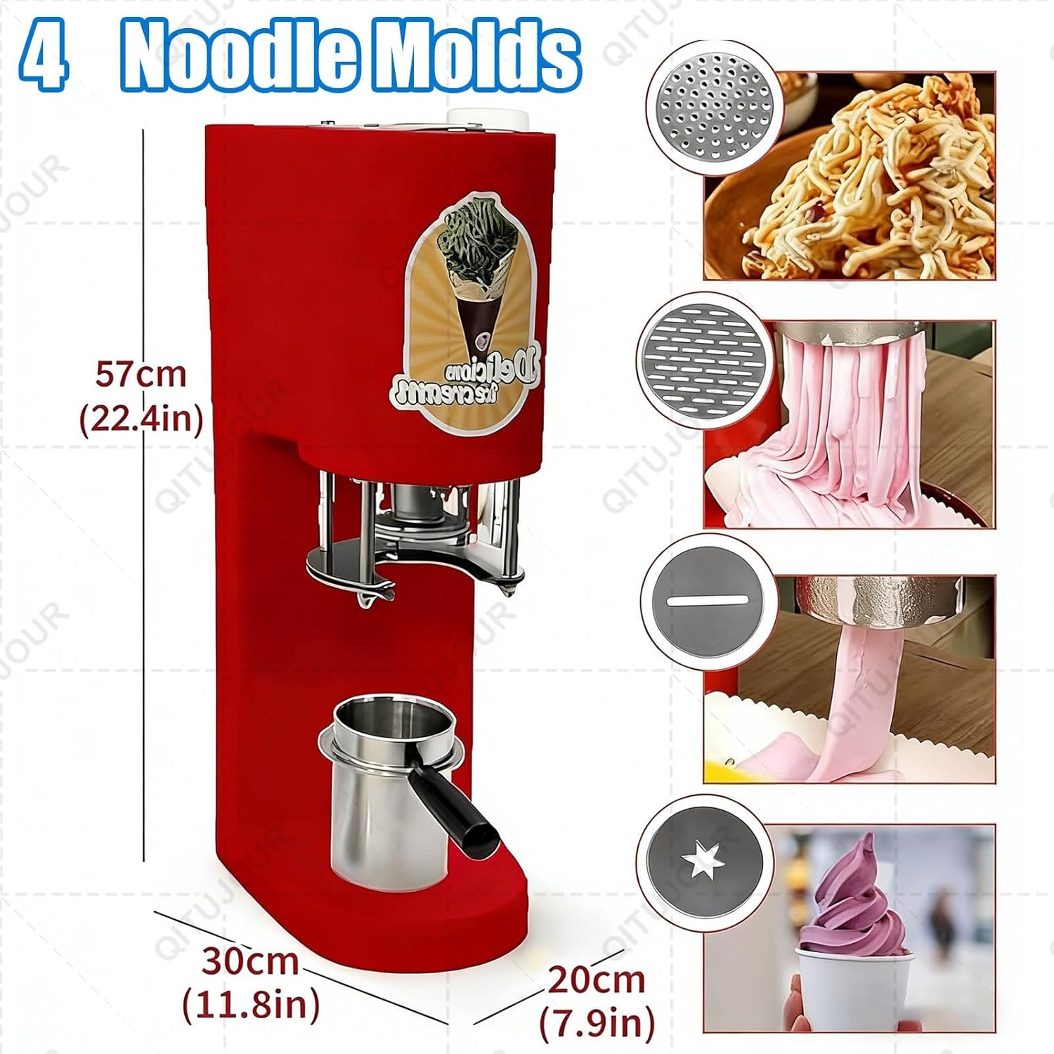 Spaghetti Ice Cream Maker Spaghetti Gelato Ice Cream Machine, 4 Interchangeable Molds, Spaghetti Ice Cream Press Machine, Commercial Gelato Maker, 420ml Hopper, for Gelato & Ice Cream Shops