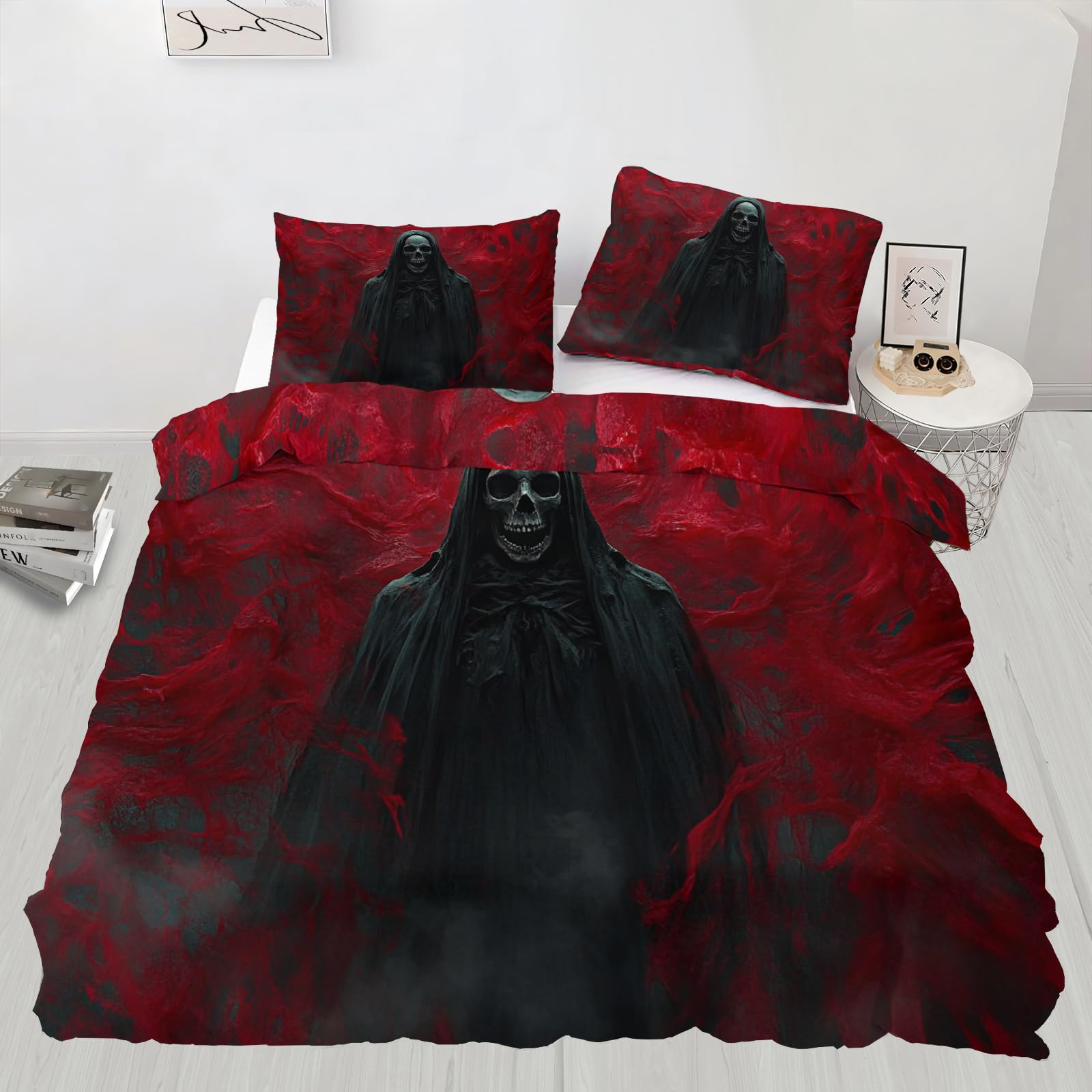 Housse de couette crâne gothique noir 260x220 cm avec 2 taies d'oreiller HYGIUID