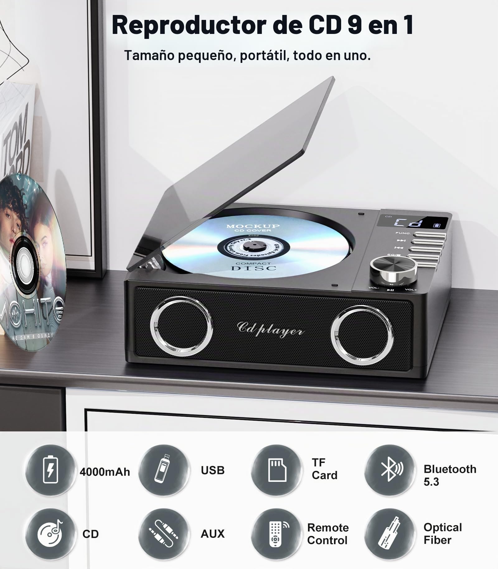 Greadio Reproductor de CD portátil Discman Reproductor de CD, protección antiskip 4 Sonidos EQ, Tarjeta TF/Salida AUX, pequeño Reproductor de música, Compatible con CD-R, CD-RW y MP3 para