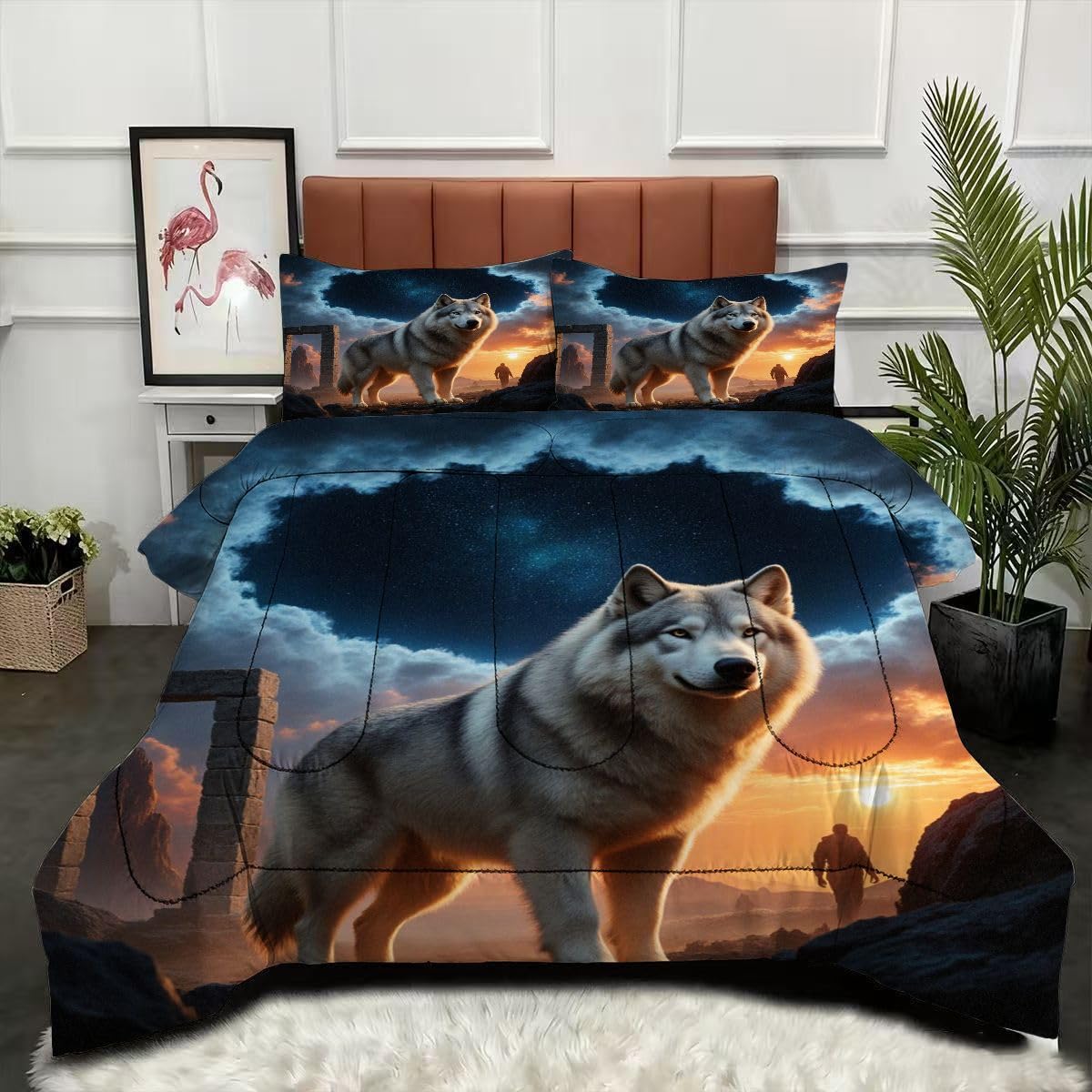 Couette 4 saisons 140x200 loup couverture microfibre hypoallergénique lit 1 personne