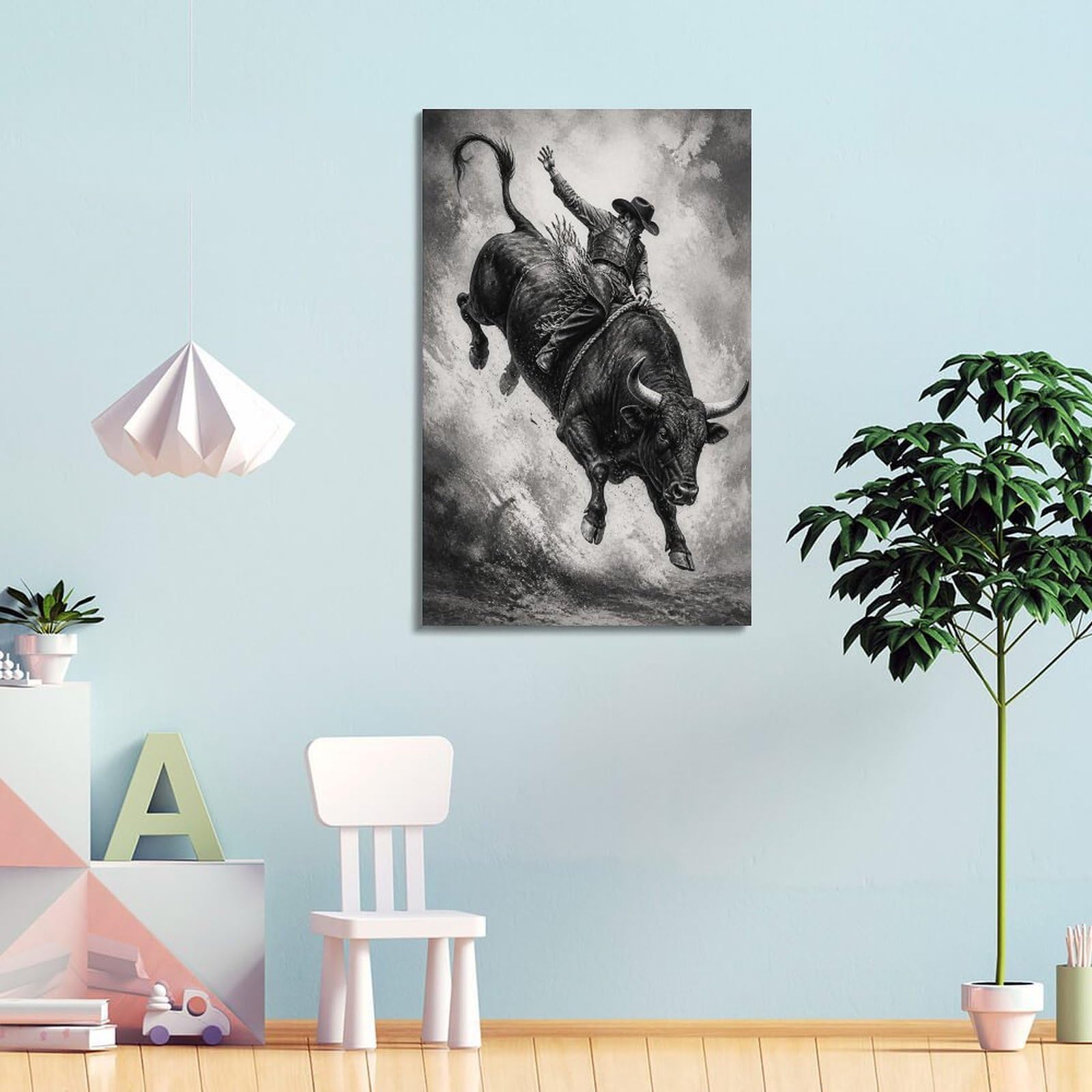 OKAHYS Impression sur toile style rodéo Bull Rider monochrome à contraste élevé - Décoration murale idéale pour famille, cave, salle de jeux, chambre de garçons et de filles - 60 x 90 cm