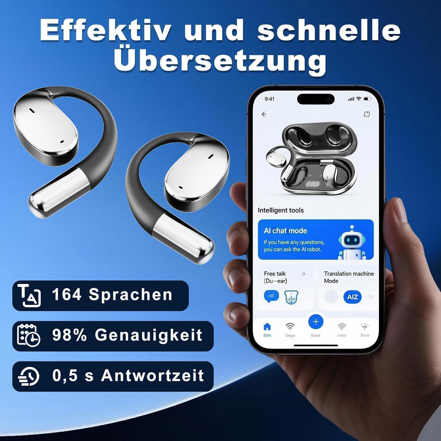 AI Kopfhörer Übersetzer, unterstützt 164 Sprachen/6 Übersetzungsmodi, Übersetzer Ohrhörer 3-in-1-Übersetzungskopfhörer, 60H Open Ear Übersetzer Kopfhörer Mic für Lernen, Reisen, Business