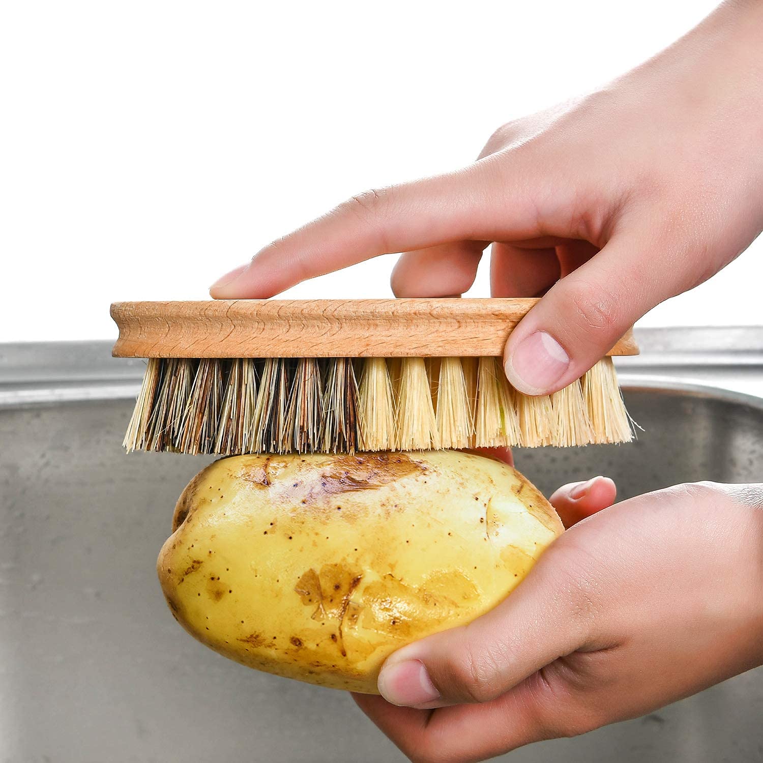 Brosse à légumes Veggie côté dur et doux manche en bois sisal outils de nettoyage fruits