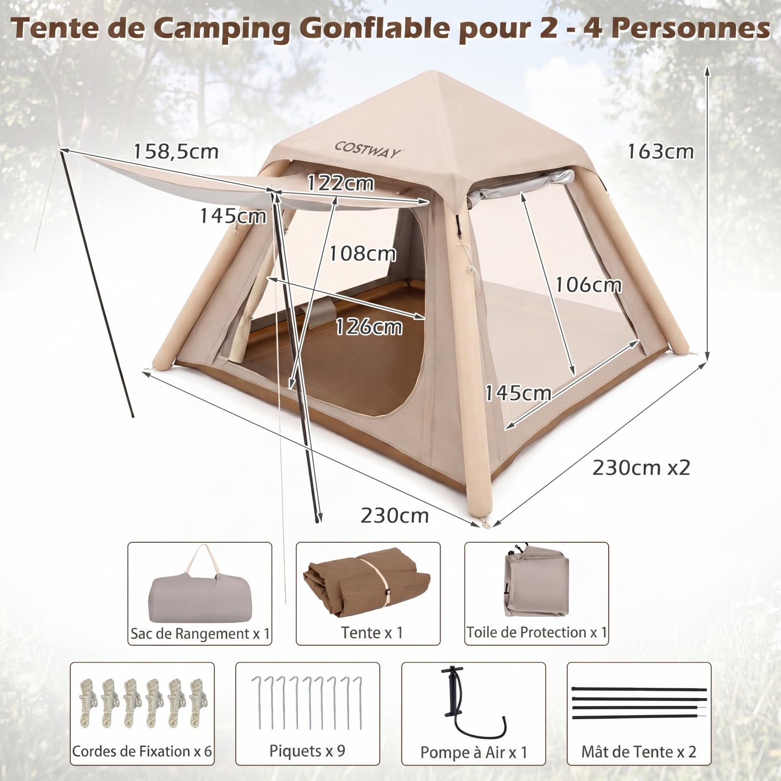 COSTWAY Tente de Camping Gonflable pour 2-4 Personnes, Grande Tente Portable avec Pompe Portes Fenêtres Filet Toit Amovible UPF50+ Étanche, Montage Rapide pour Camping Voyage Randonnée
