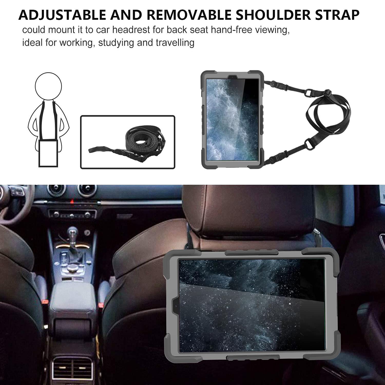 Compatibile con Samsung Galaxy Tab A 10.1 modello 2019 SM-T510 / T515, resistente custodia per tablet con supporto e manico girevoli a 360°, tracolla staccabile (design adatto ai bambini) (nero grigio