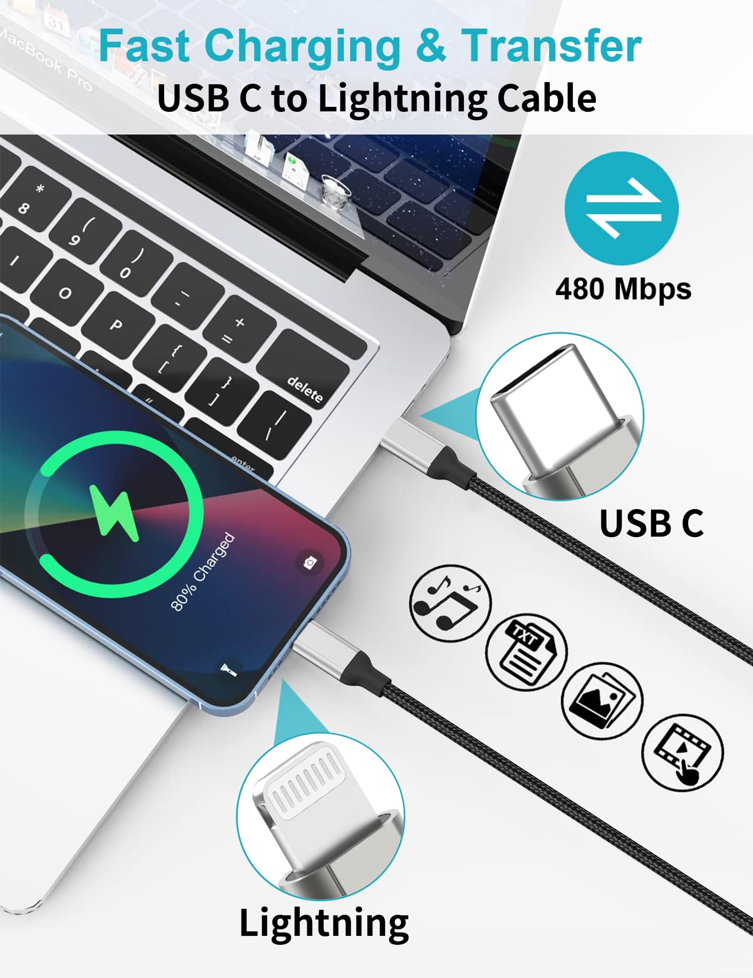 Lot De 3 Câbles IPhone 2M Certifiés MFi - Nylon Tressé, Charge Rapide 2,4A, Pour IPhone 14 à 5