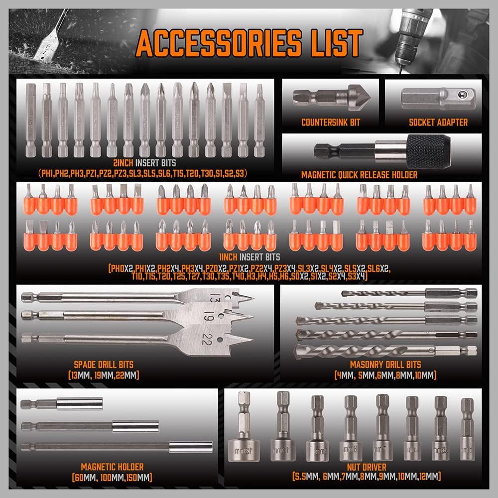 HORUSDY Impact Drill Bit Set, 112-Pieces 1/4" Hex Shank Impact Driver Bits and Screwdriver Bits Set for Screw Driving and Wood Metal Cement Drilling Screwdriver Bits Set with Storage Case - Image 3