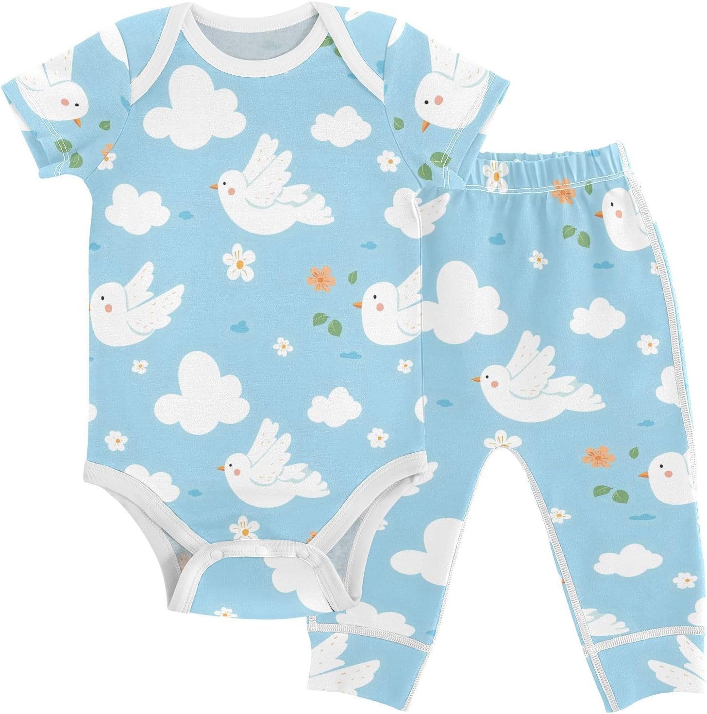 vvfelixl Baby Clothes White Bird Cloud Sky Baby Bodysuits Set Unisex Short Sleeve Babys Pants Sets 0-3M