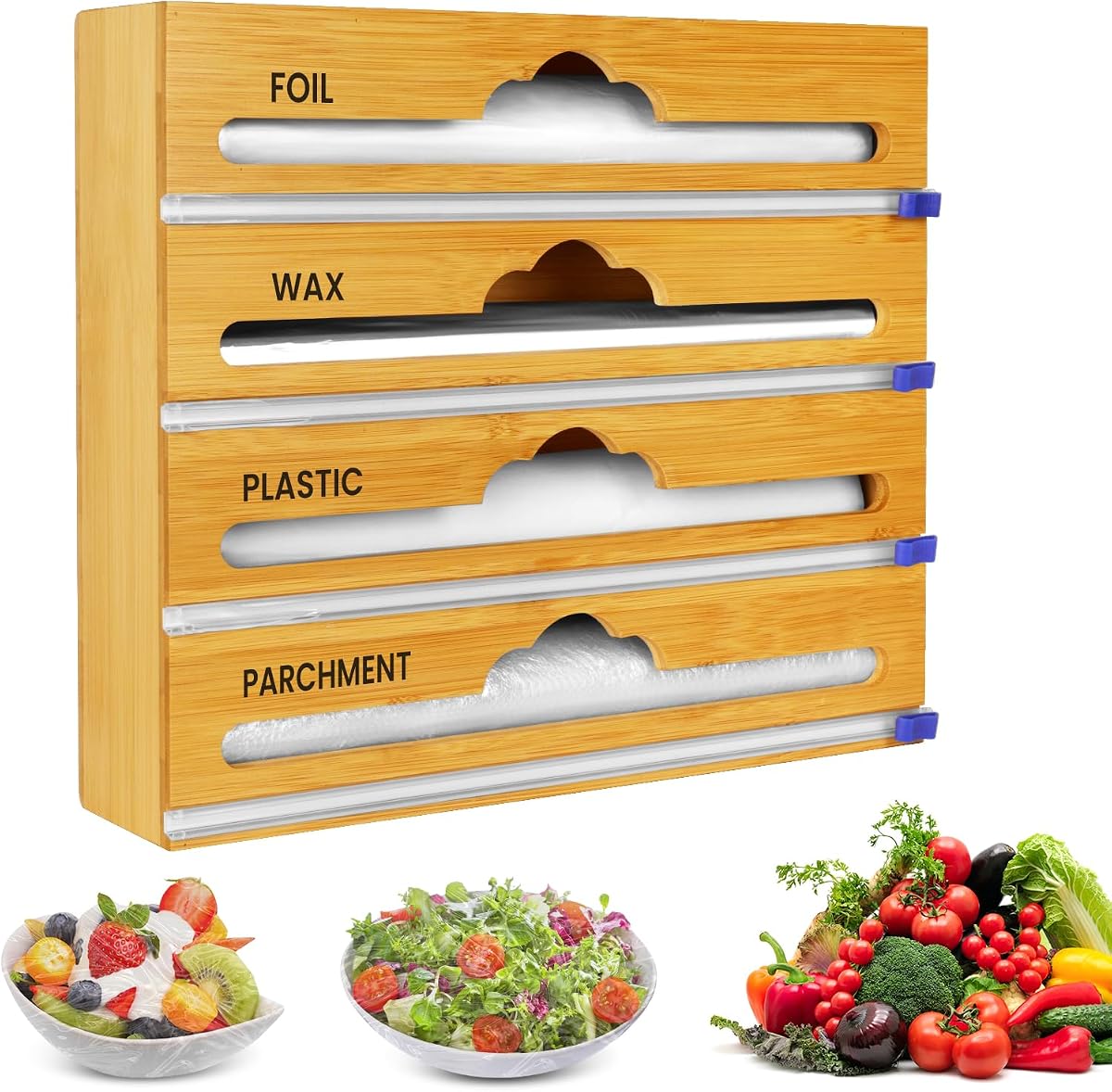 Dispensador de papel Saran 4 en 1 de bambú con cortador y etiquetas - Organizador de papel de aluminio y plástico - Almacenamiento de papel de aluminio para envolver cera y pergamino para cajón de cocina - Rollo de 12"