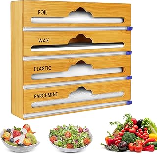 Bamboo 4 in 1 Saran Wrap Dispenser with Cutter & Labels - Foil & Plastic Wrap Organizer - Aluminum Foil Wax & Parchment Wrapping Paper Storage for Kitchen Drawer - 12" Roll