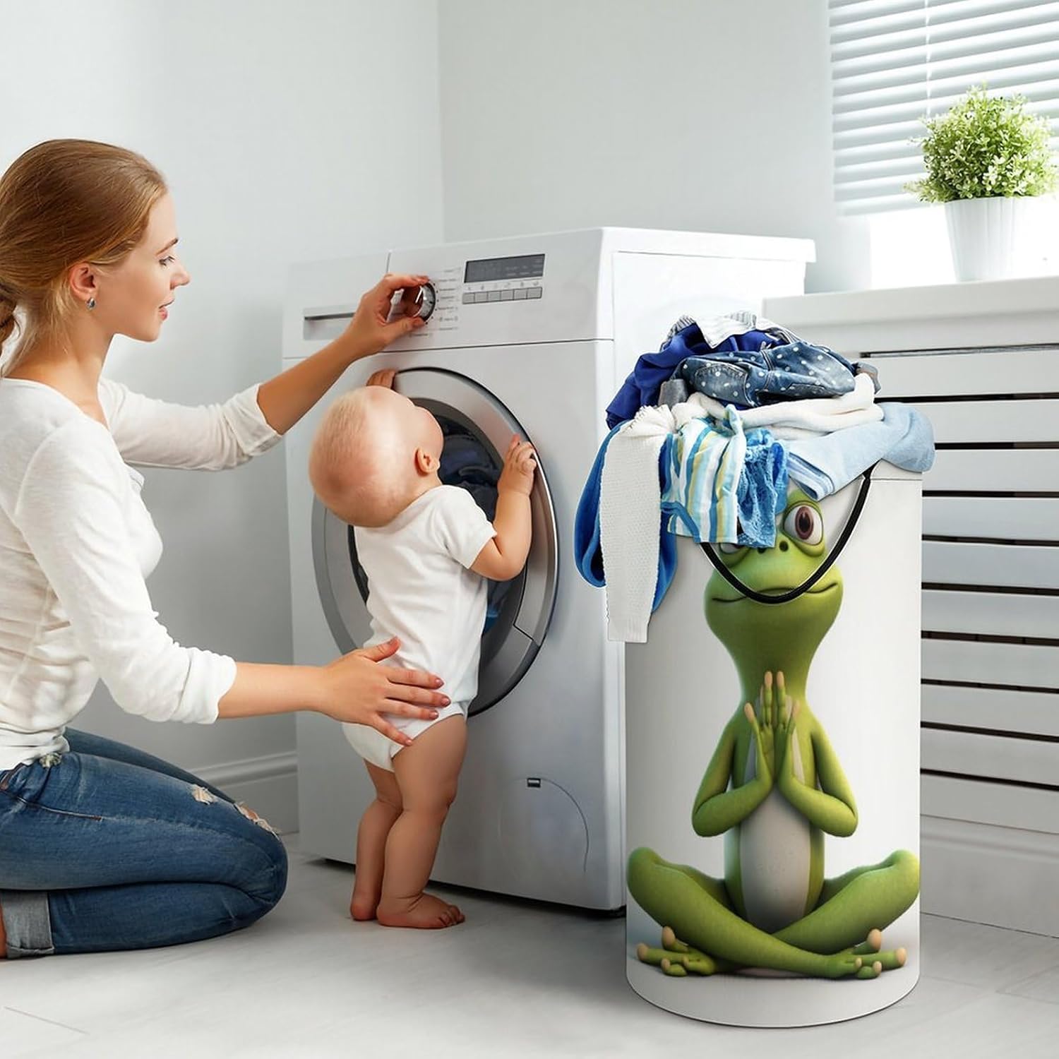 The Funny Frog Doing Yoga Laundry Basket Freestanding Laundry Hamper with Handles Waterproof Dirty Clothes Hamper Collapsible Washing Bin Aesthetic Clothes Basket for Bathroom Bedroom Dorm
