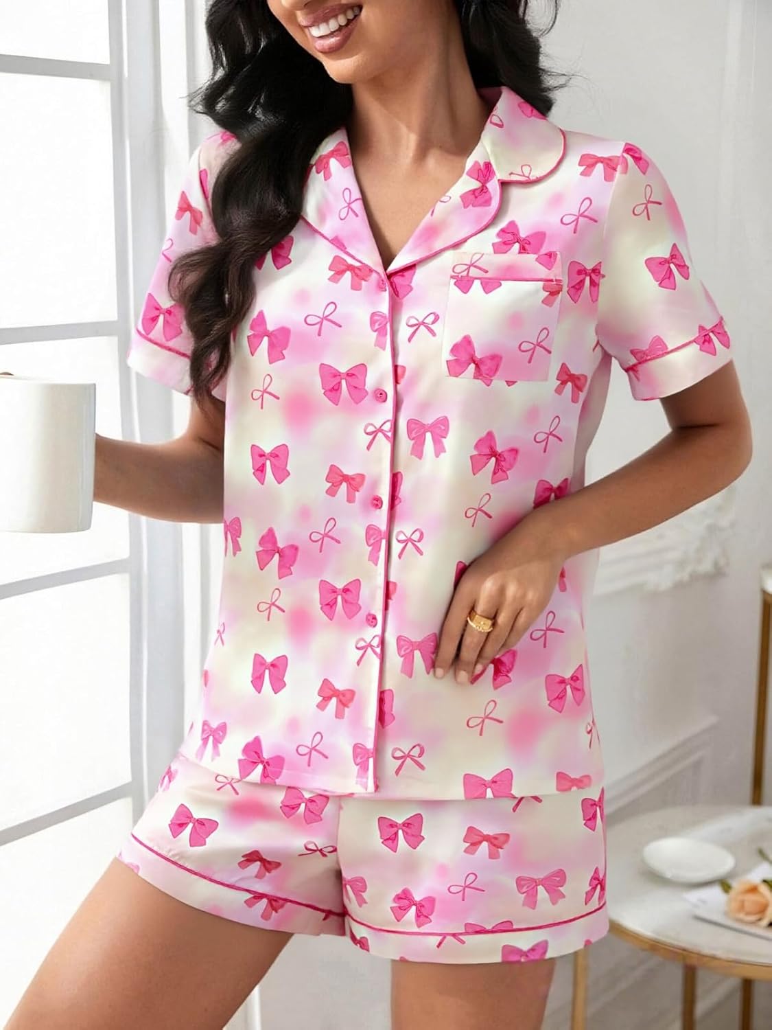 LUKYCILD Women Satin Pajama Set Bow Graphic Pajamas Short Sleeve Button Down Sleepwear 2 Piece Pjs Lounge Short Sets - Image 3