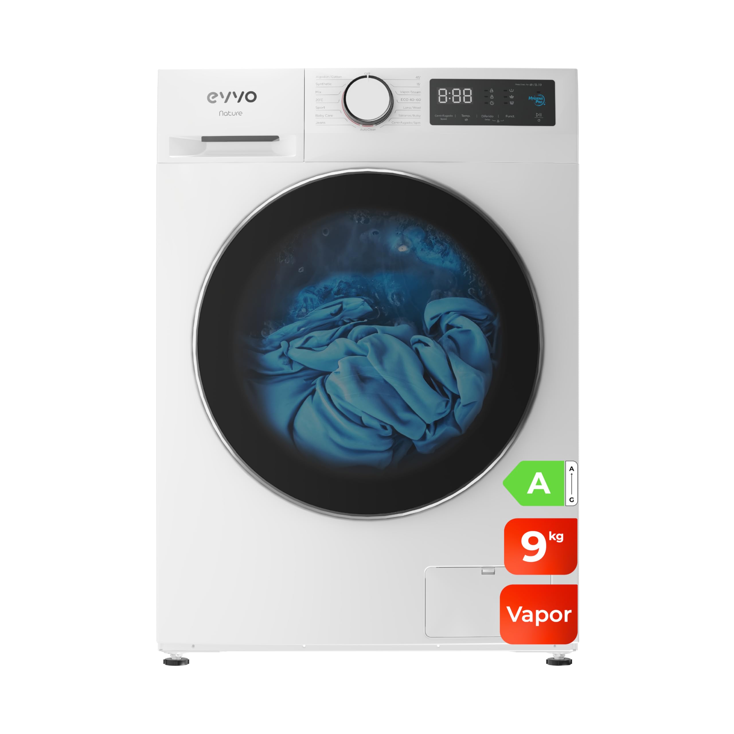 EVVO Lavadora 9kg, Vapor, Bajo consumo, Clase A, Motor Inverter, Hygiene Pro, Lavado Rápido 15', Tambor ePROTECT, Inicio Diferido, 1400 rpm, 15 programas, Carga frontal, Nature (9Kg, Blanco) Etiqueta Energética