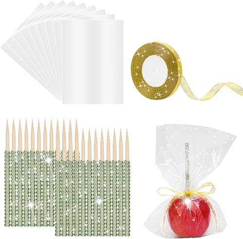 Palitos de bambú de manzana, 24 palitos brillantes de manzana de caramelo con bolsas de caramelo de 30 piezas y 1 rollo de cinta de purpurina de 25
