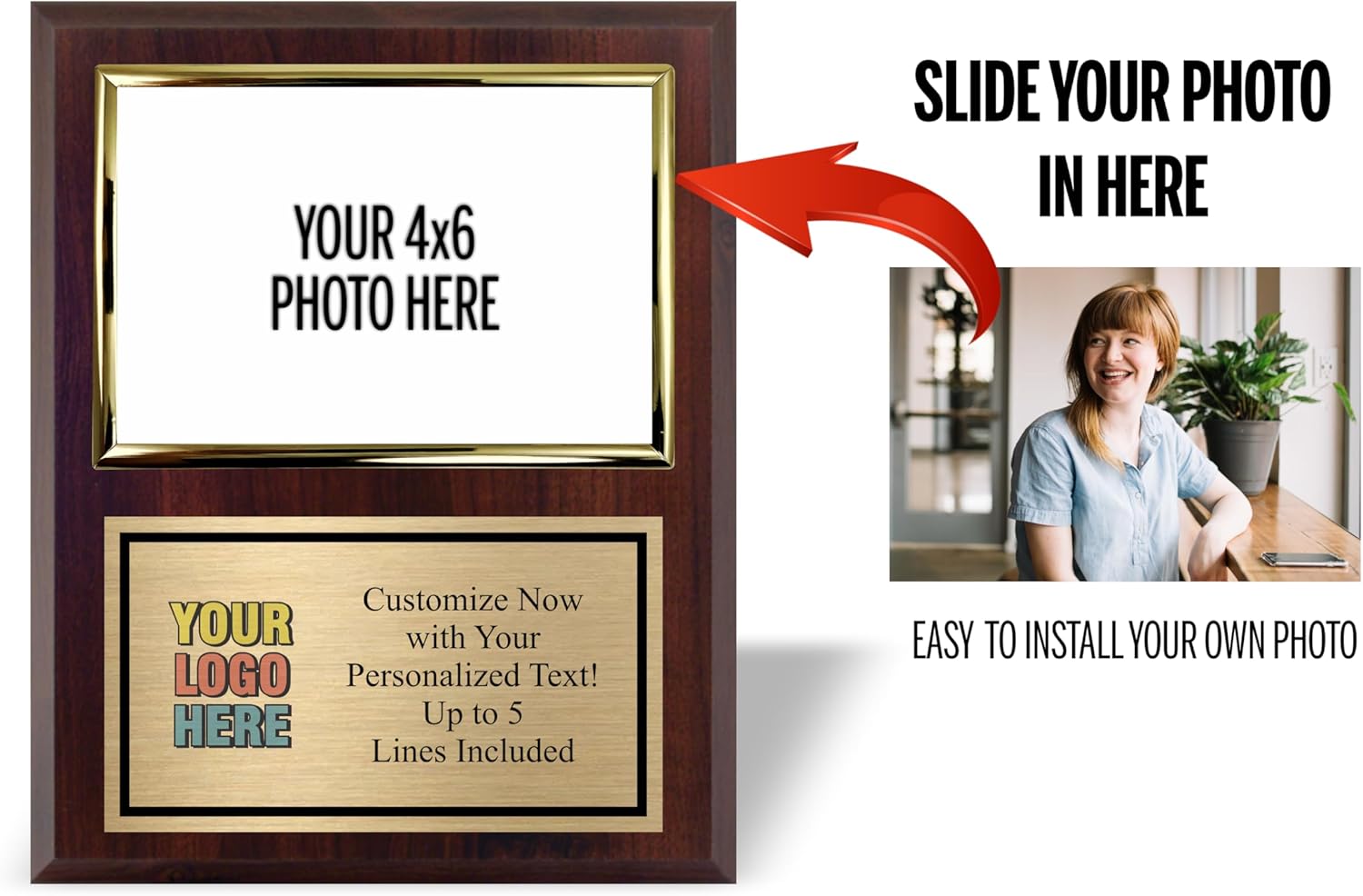 Custom Plaque with Photo and Logo | 8x10 Award Plaques Personalized with Your Text | Employee of The Month Plaque Awards | Add Your Photo to Frame