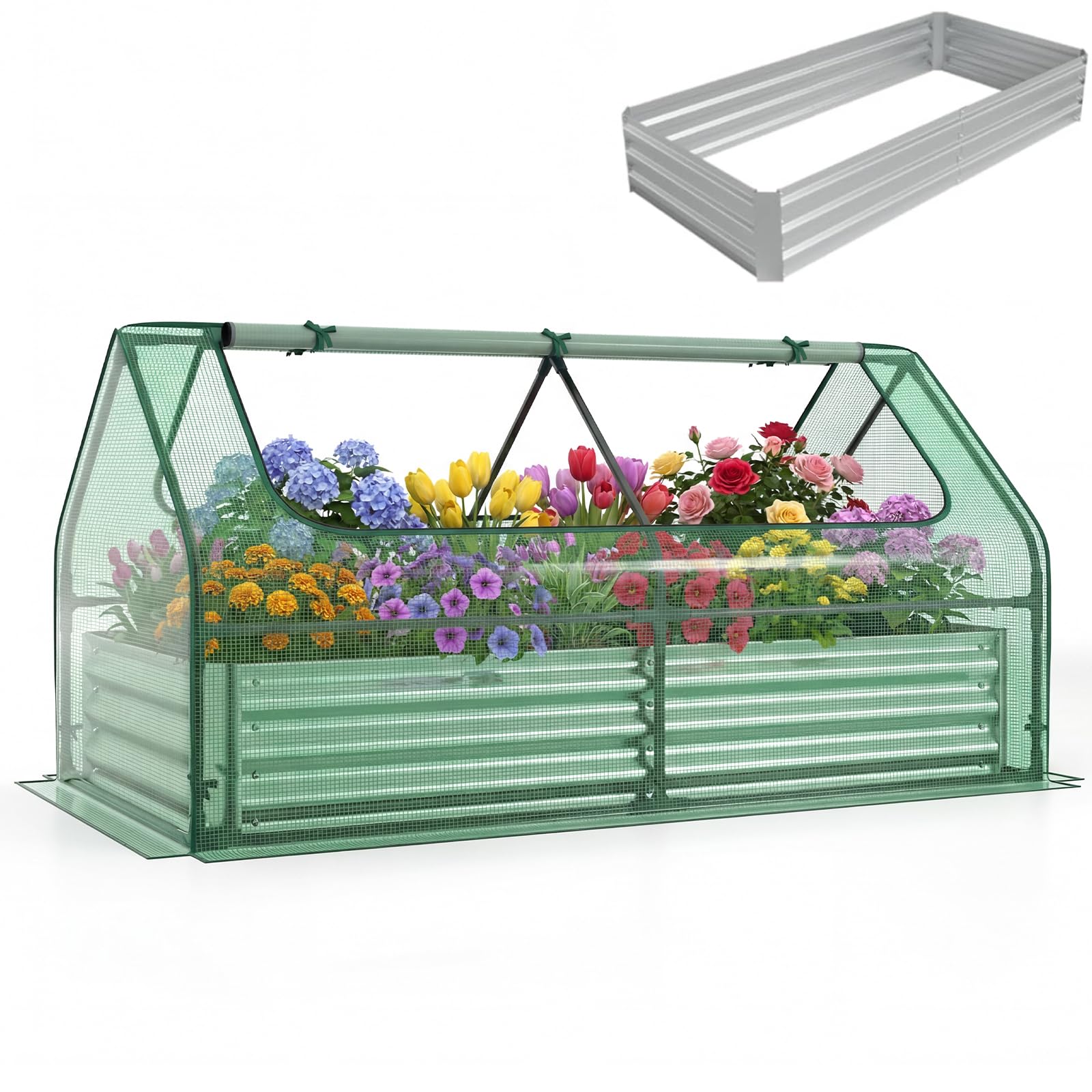 COSTWAY Raised Garden Bed with Greenhouse, Outdoor Elevated Planter Box with PVC/PE Cover & Dual 2-Tier Roll-Up Windows, Steel Mini Growhouse for Patio (PE Cover, Silver+Green, 183 x 91 x 94cm)