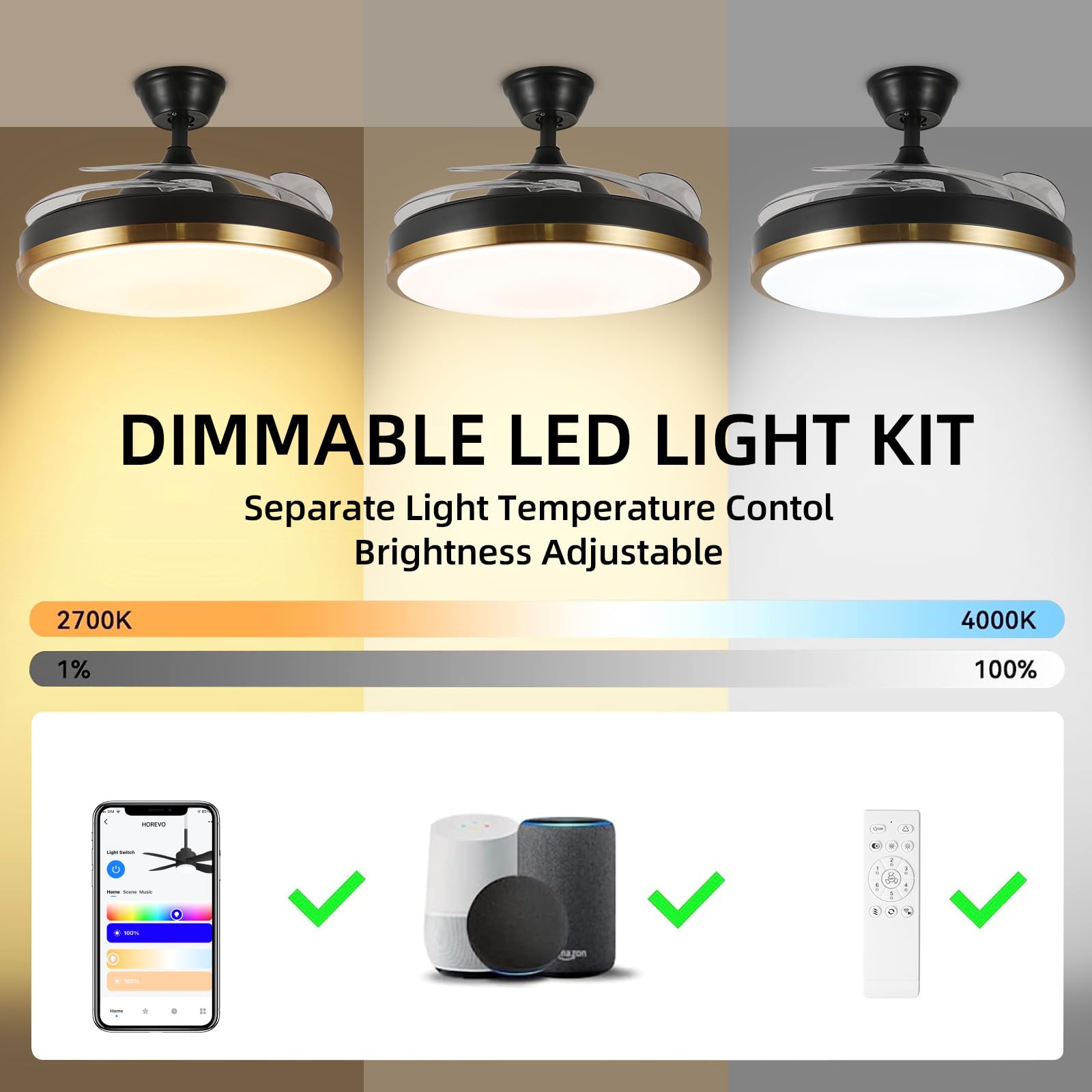 Ventilatore a soffitto retrattile intelligente luci e altoparlante Bluetooth, ventilatore illuminato da 24W con controllo tramite app Alexa e Google - Nero e oro