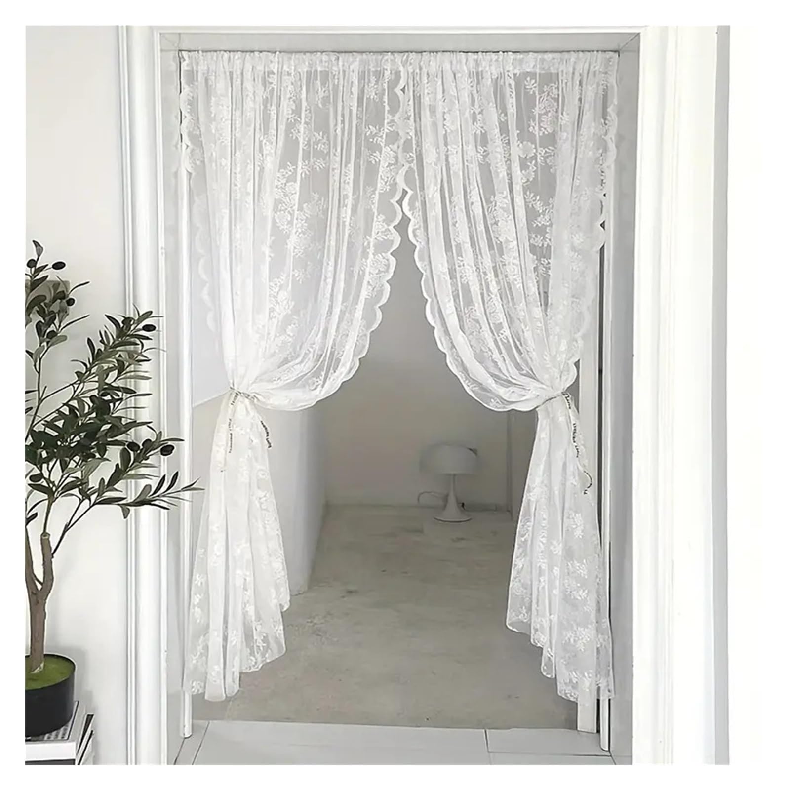 Rideau dentelle blanc 100x140cm lot de 2 avec motifs rose fleur pour porte