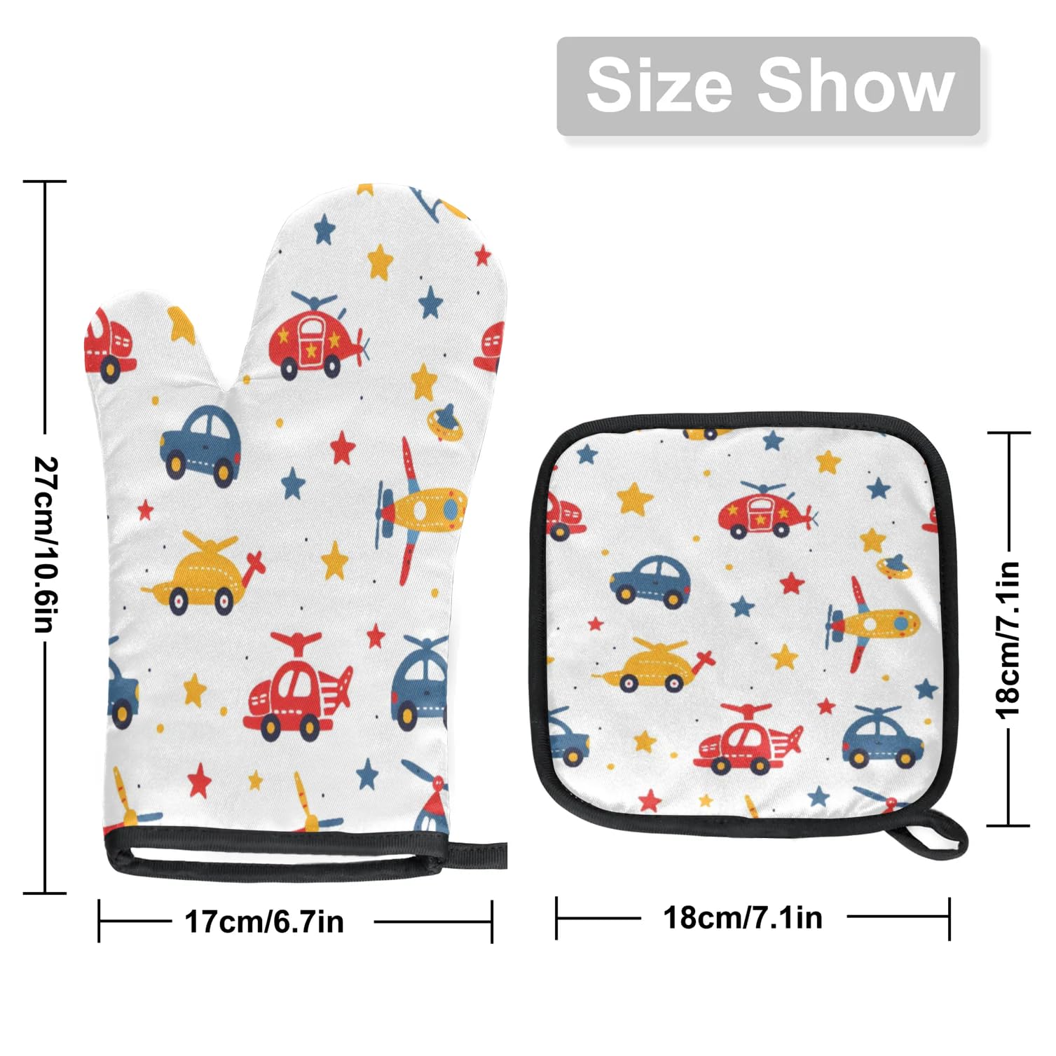 Cartoon Airplanes Cars Oven Mitts Kitchen Oven Gloves for Cooking Baking Heat Proof Lining Cotton Kitchen Potholder Mittens Pot Holders Hot Pads for Chef Women Men