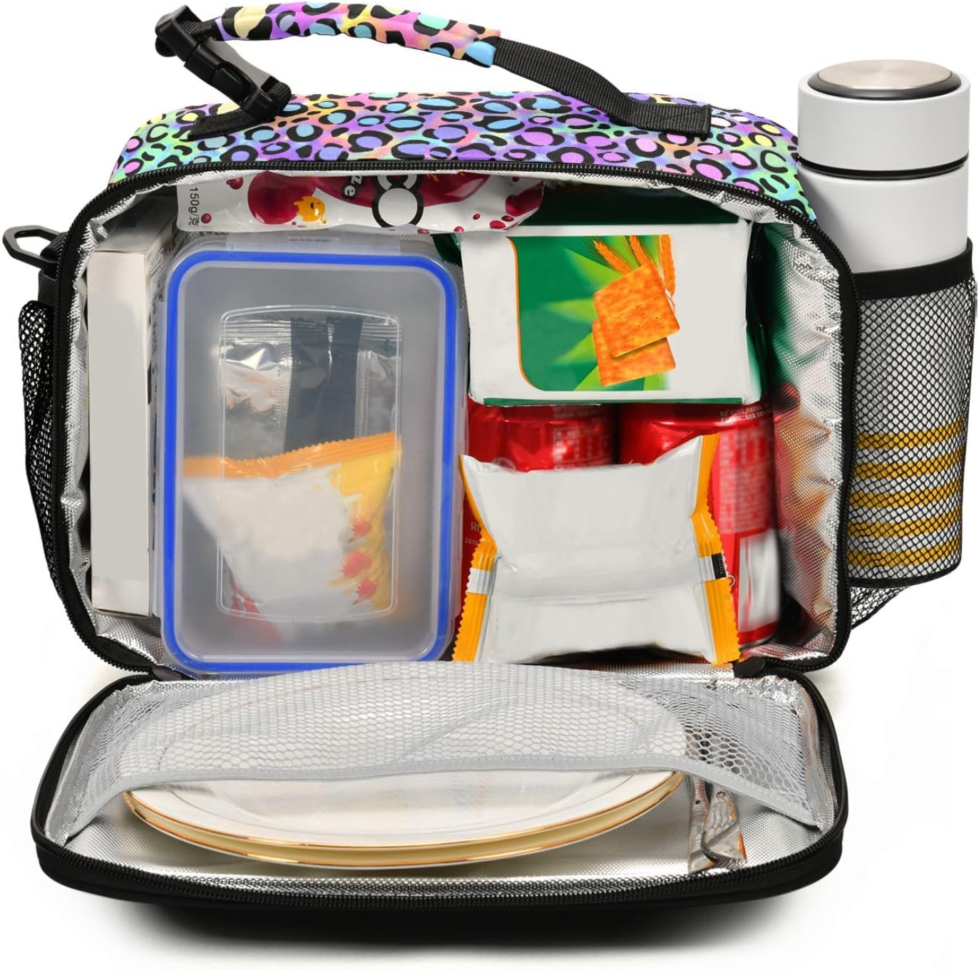 MNSRUU Student Lunch Bag Rainbow Leopard Insulated Lunch Totes Picnic Bag Lunch Box with Adjustable Shoulder Strap for Teen Kids Adults
