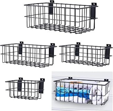 4Pcs Large Slatwall Baskets Set Ventilated Metal Pegboard Baskets Slatwall Basket, Hanging Storage Baskets for PVC Slatwall Panel, Storage Display on Garage Slatwall Panels, Slatwall Accessories Black