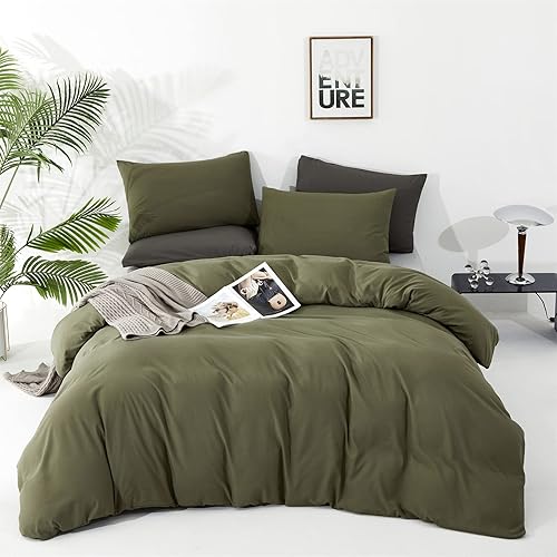 Miniatura 6 de KAREVER Juego de edredón verde oliva, edredón de 3 piezas, suave color verde oscuro, juego de ropa de cama para mujer, color verde oliva puro, para