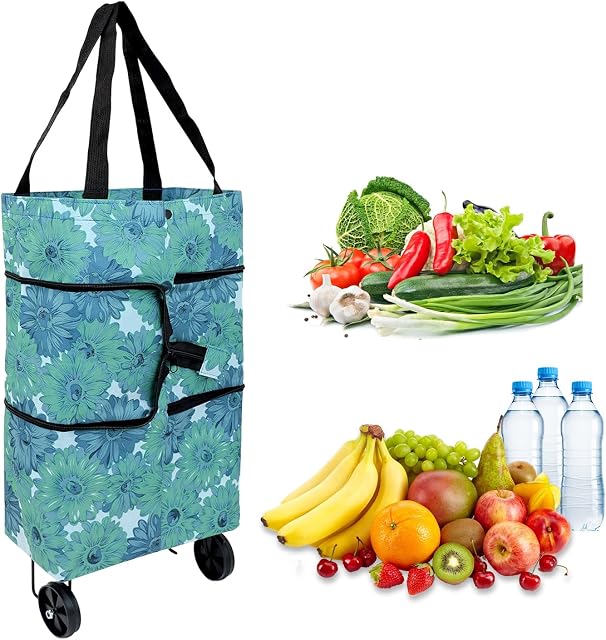 Andiker Foldable Shopping Trolley, Oxford Cloth Flexible Shopping Bag with Collapsible Wheels to Save Force, Reusable Shopping Bag for Shopping or Travelling (Blue flower)