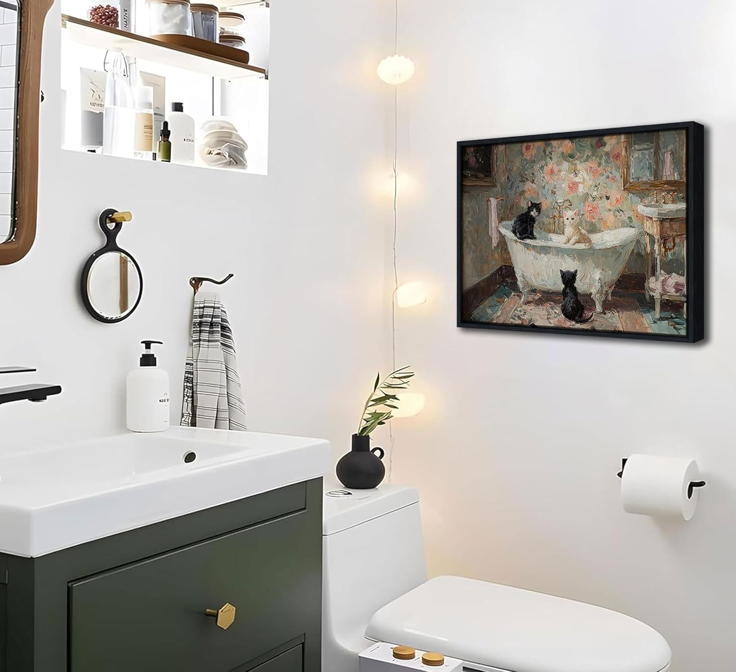 Framed Funny Bathroom Cat Canvas Wall Art Vintage Bathtub Cat Poster Prints Cute Animal Painting Picture Artwork Wall Decor for Restroom Toilet Bedroom 16x24in