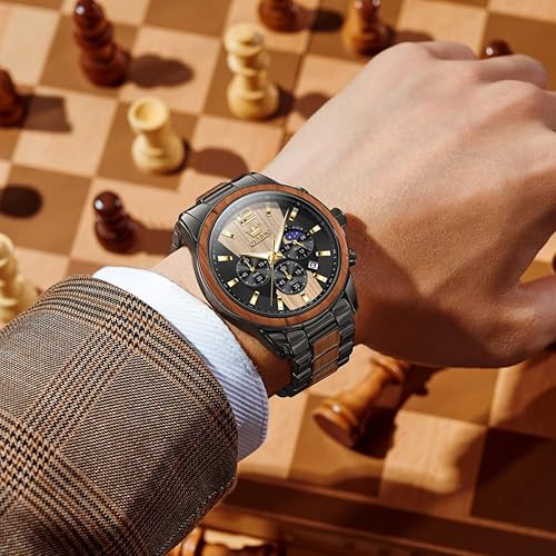 Miniatura 5 de OLEVS Reloj para hombre, color azul, dorado, analógico, de cuarzo, acero inoxidable, impermeable, luminoso, fecha, reloj casual de lujo