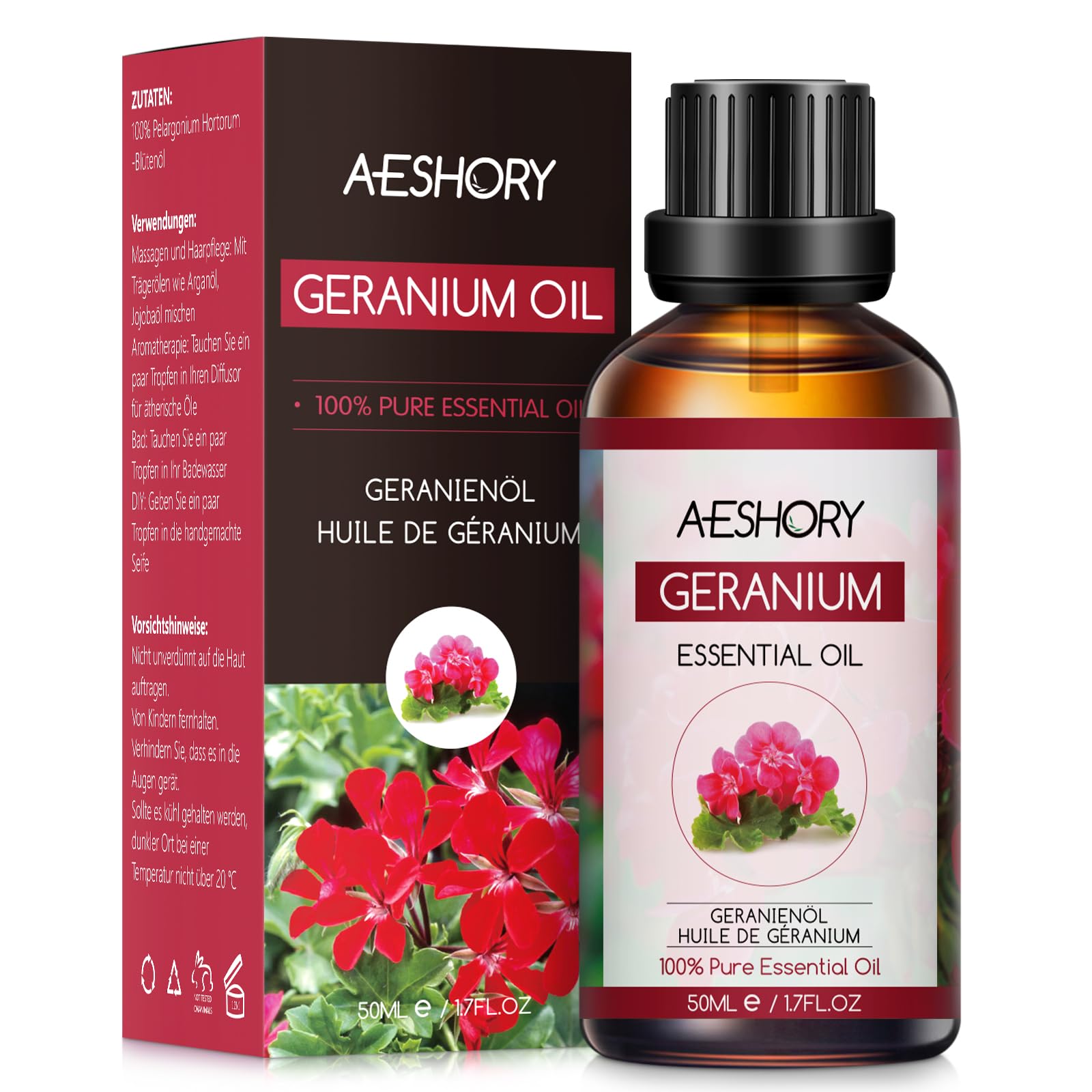 AESHORY Olio Essenziale di Geranio 50ML, Naturali Olio di Geranio, Olio Profumati Aromaterapia Premium per Diffusori, SPA, Massaggio, Cura della Pelle