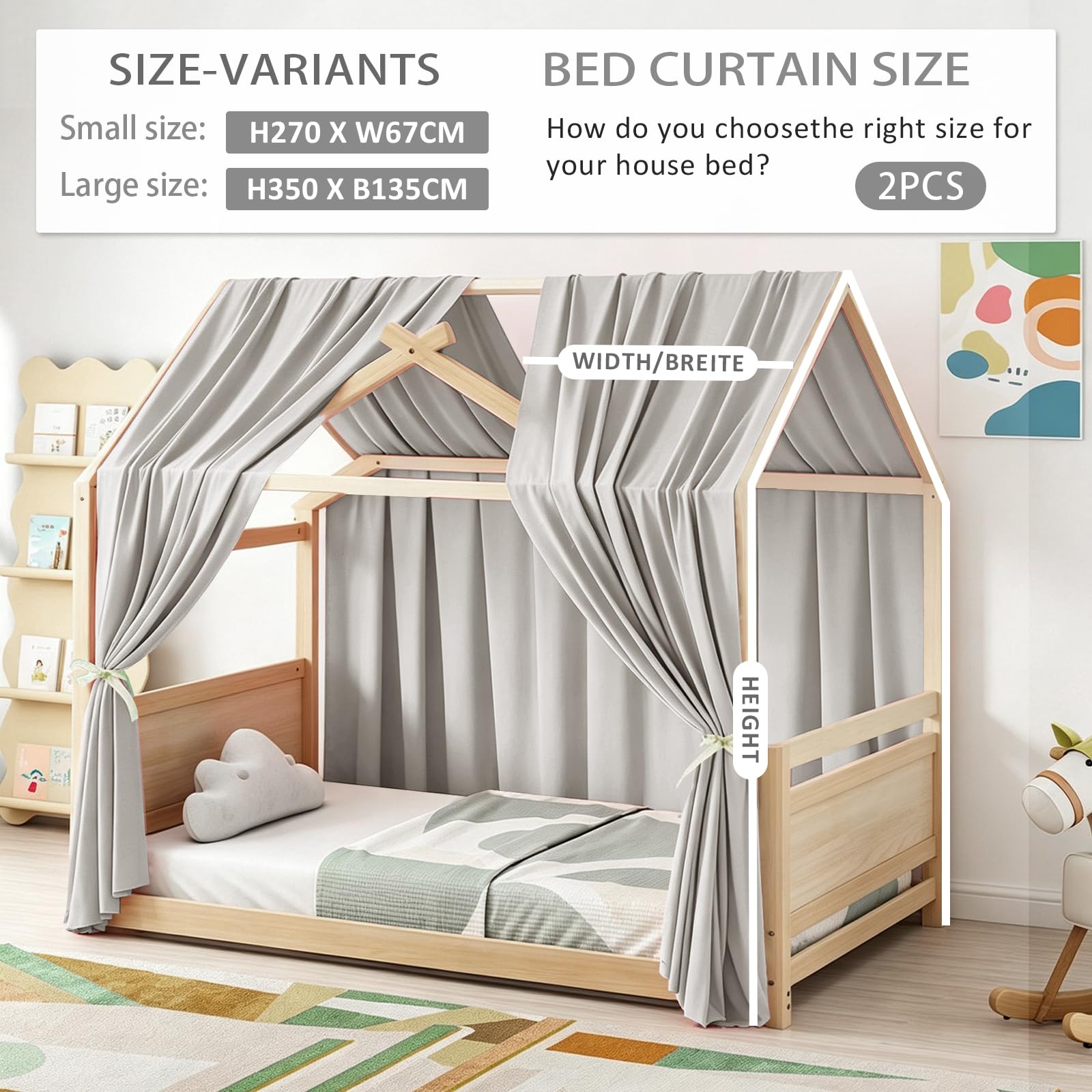 Hausbett Himmel, 2 Stück Betthimmel Hausbett Musselin, Baldachin Kinderzimmer Stoffhimmel für Hausbetten Mädchen Jungen Baldachin Kinderbett Kinderzimmer Deko (Hellgrau, H270 x B67 cm (2er Pack))