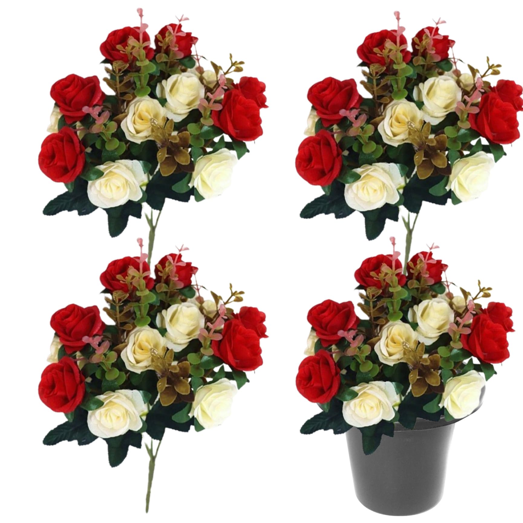 Flores de cementerio con macetas de flores 4 racimos de tumbas de rosas artificiales y 1 jarrones conmemorativos, 16 agujeros soportador de inserción ＆ 12 cabezas de seda para decoración, arti