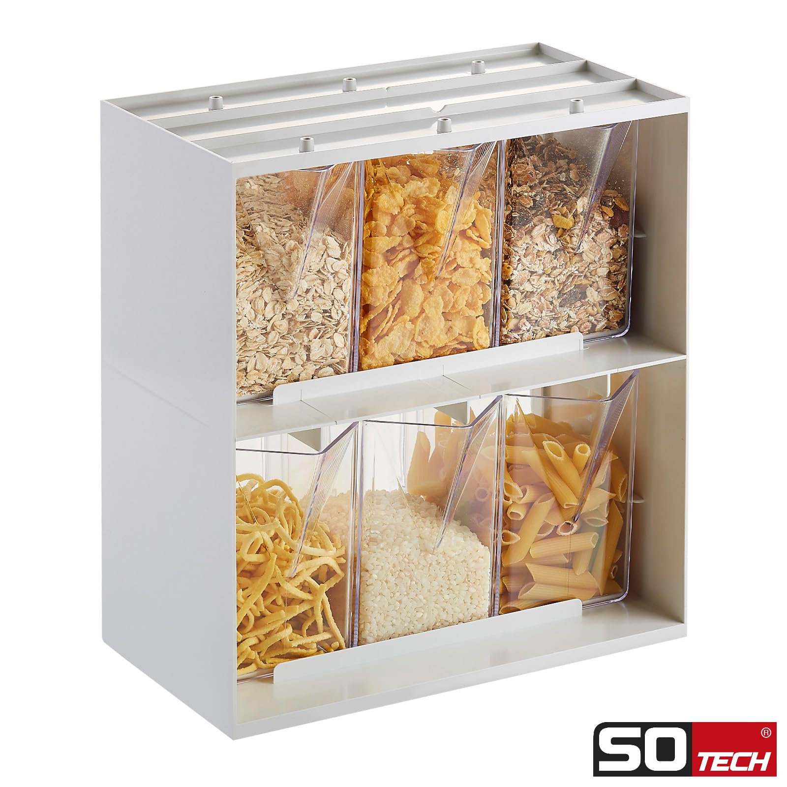 SOTECH Schüttenkasten Set 267 x 292 x 150 mm weiß mit 6 Schütten (0,9 Liter, glasklar/transparent) Mehlschütte für Oberschränke ab 300 mm Korpusbreite