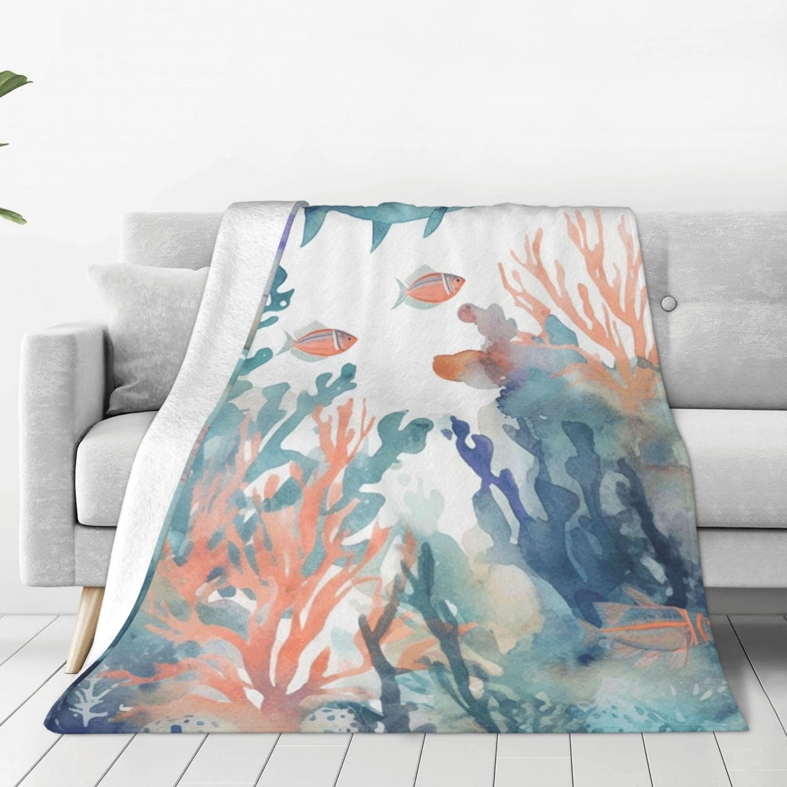 Watercolor Fish and Coral Throw Blanket for Couch, Plush Fuzzy Soft Flannel Blankets and Throws for Sofa, 80"x60" Bed Blankets for Travel Camping Chair, All Season Warm Fleece Blanket