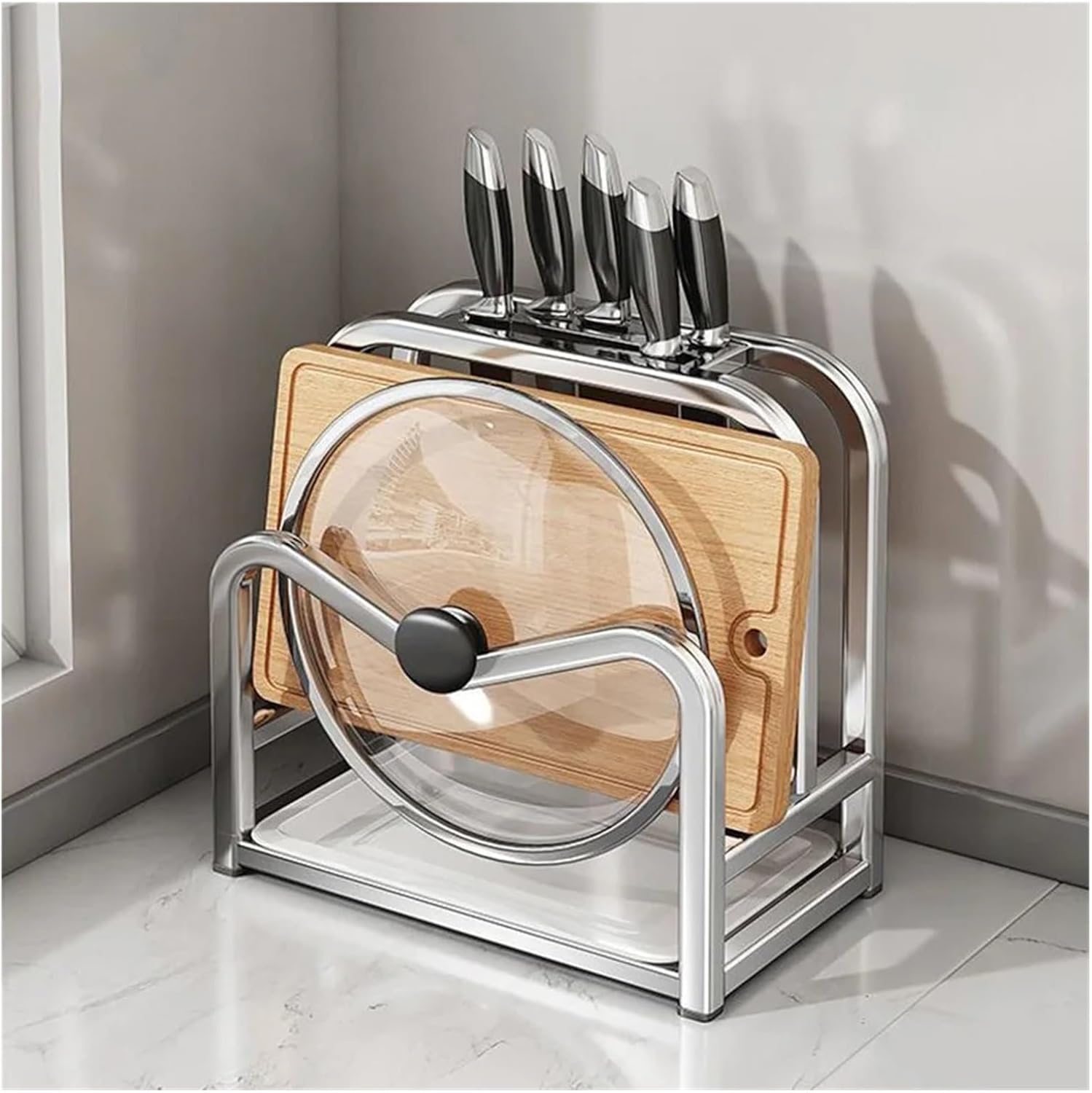 1pc Stainless Steel Knife Holder Kitchen Pot Lid Storage Rack Cutting Board Shelf Household Draining Kitchens Accessories(Dark Gray)