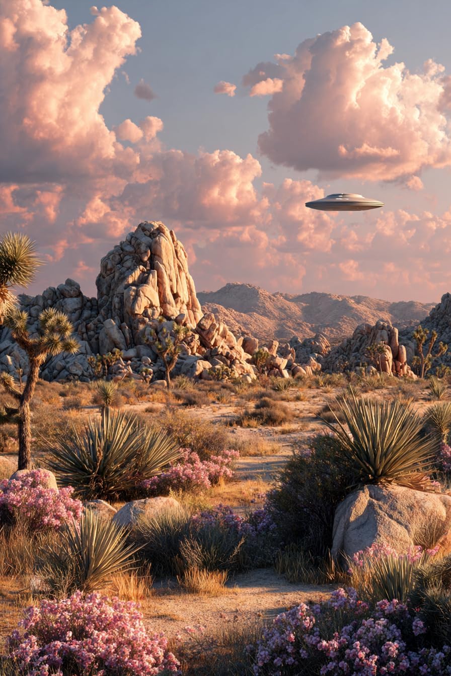 Desert UFO Encounter – 1000 Piece Wooden Puzzle for Adults, Surreal Sci-Fi Scene with Pink Sunset and Alien Vibes