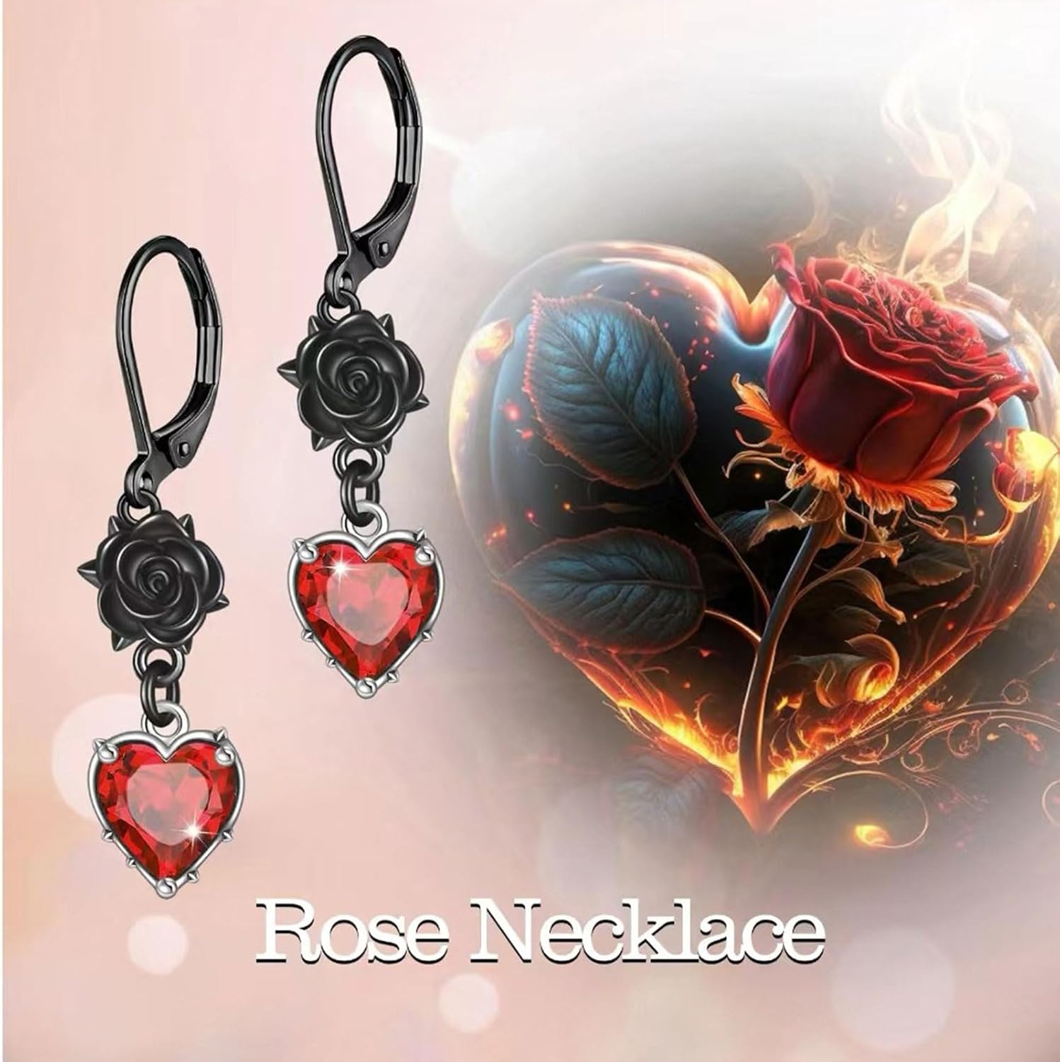 Gothic Red Crystal Earrings for Women Black Rose Flower Bat Skeleton with Heart Crystal Earrings Leverback Dangle Drop Earrings Gothic Halloween Jewelry Gifts - Image 3