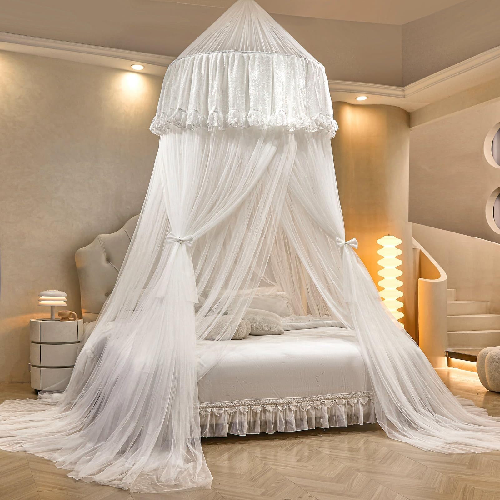 SDCGB Bed Canopy Princess for Girls, Double Layer Dreamy Sheer Mesh Dome Bed Curtain, Round Lace Princess Mosquito Net for Twin Full Queen King Bed, White