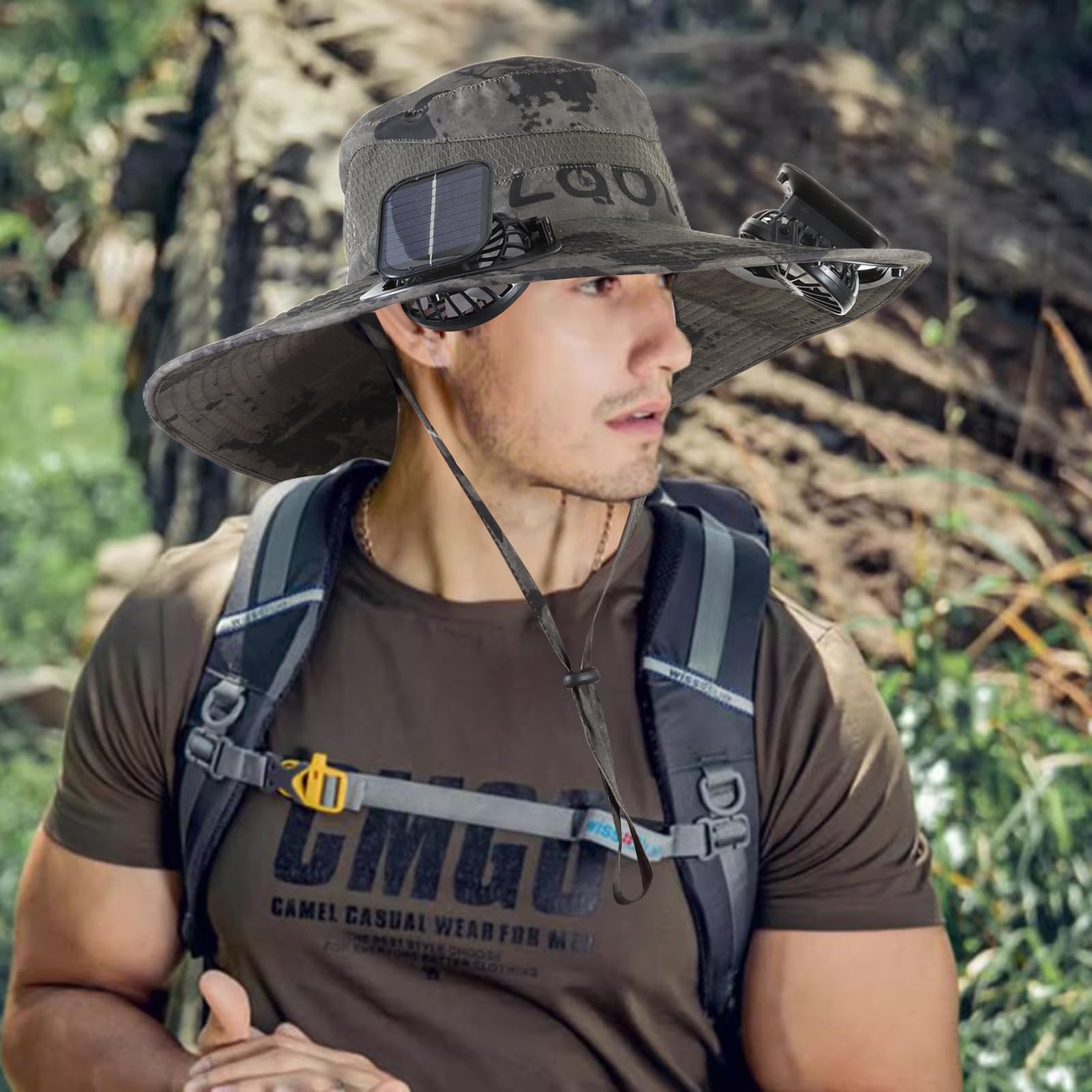 Cappello da pesca a tesa larga con ventaglio solare con 2 ventilatori solari UPF 50+, cappello da pescatore impermeabile traspirante