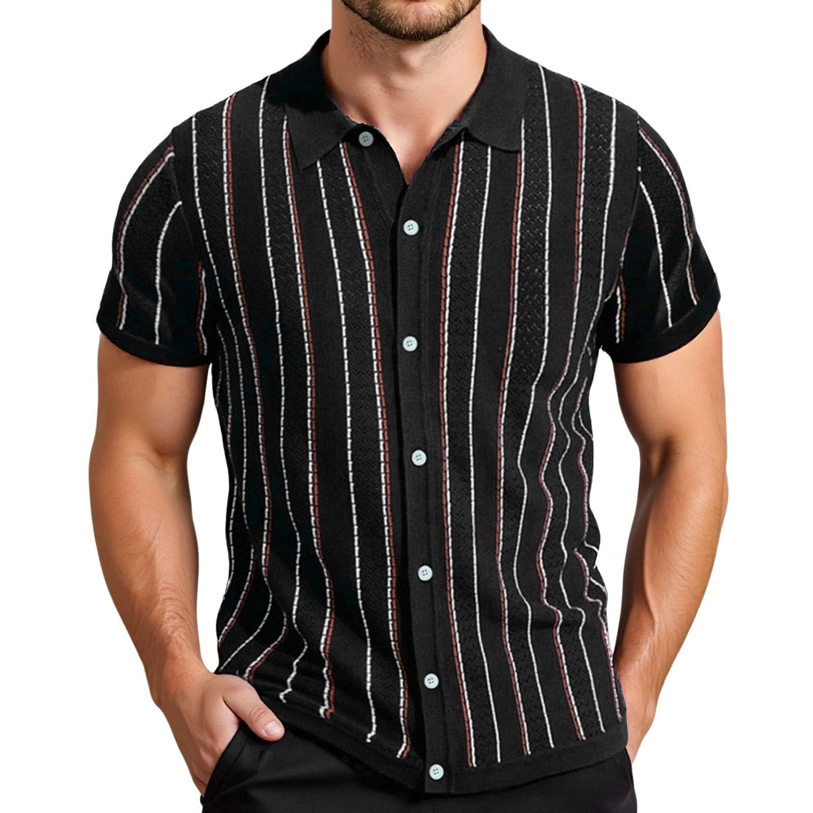 Camisa de rayas de manga corta para hombre con cuello cubano 5