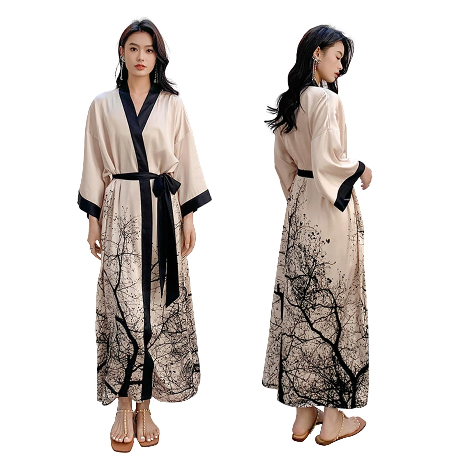 Women's Lightweight Silk Touch Bathrobe Summer Robe Homewear Long Gown Single Piece Nightgown Lace Satin Yukata Lightweight Above Knee Long Robe for Women apricot Medium