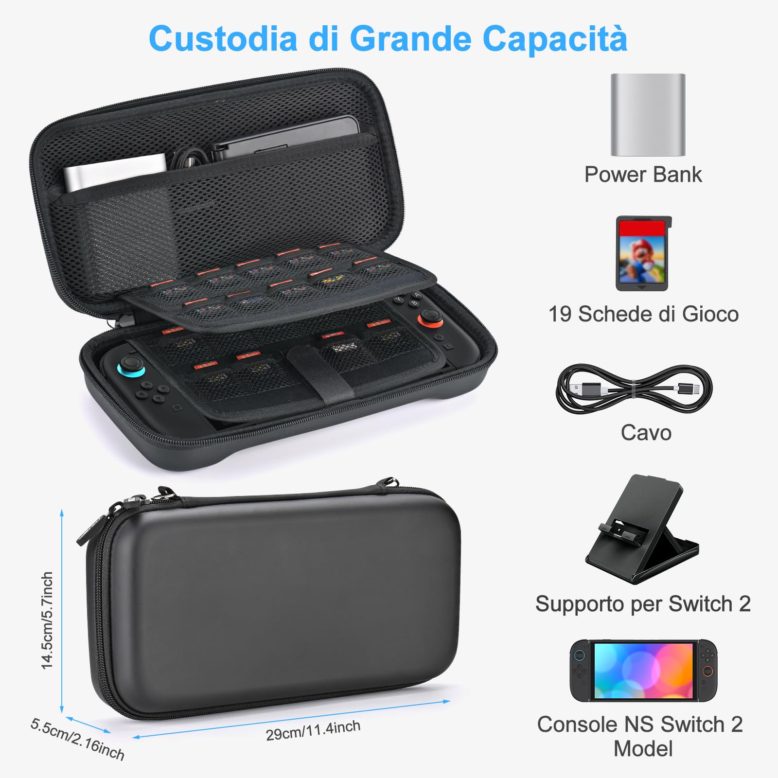 Younik Switch 2 Custodia Compatibile con NS Switch 2 (2025), Custodia con 19 Slot per Schede di Gioco, Accessori per Switch 2 Tracolla, Cinturino da Polso e Adesivi (Nero) - 3