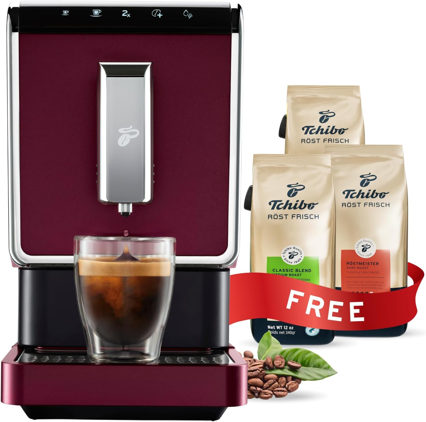 Tchibo Single Serve Coffee Maker Red - Automatic Espresso Coffee Machine - Built-in Grinder, No Coffee Pods Needed - Comes with 3x 11.9 Ounce Bags of Whole Beans, PARENT_CM_3WB_Röstfrisch