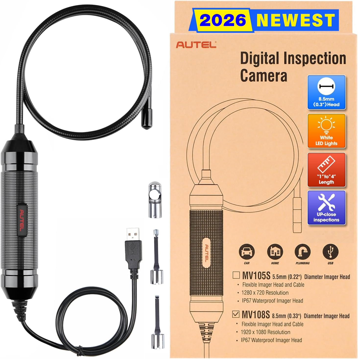 Autel MaxiVideo MV108S Digital Inspection Camera, 2025 Upgrade MV108/ MV105S/ MV105, 2MP 1920x1080, IP67 Waterproof Industrial Endoscope, 39.37'' Flexible Snake Cable, Compatible w/Autel Scanner & PC