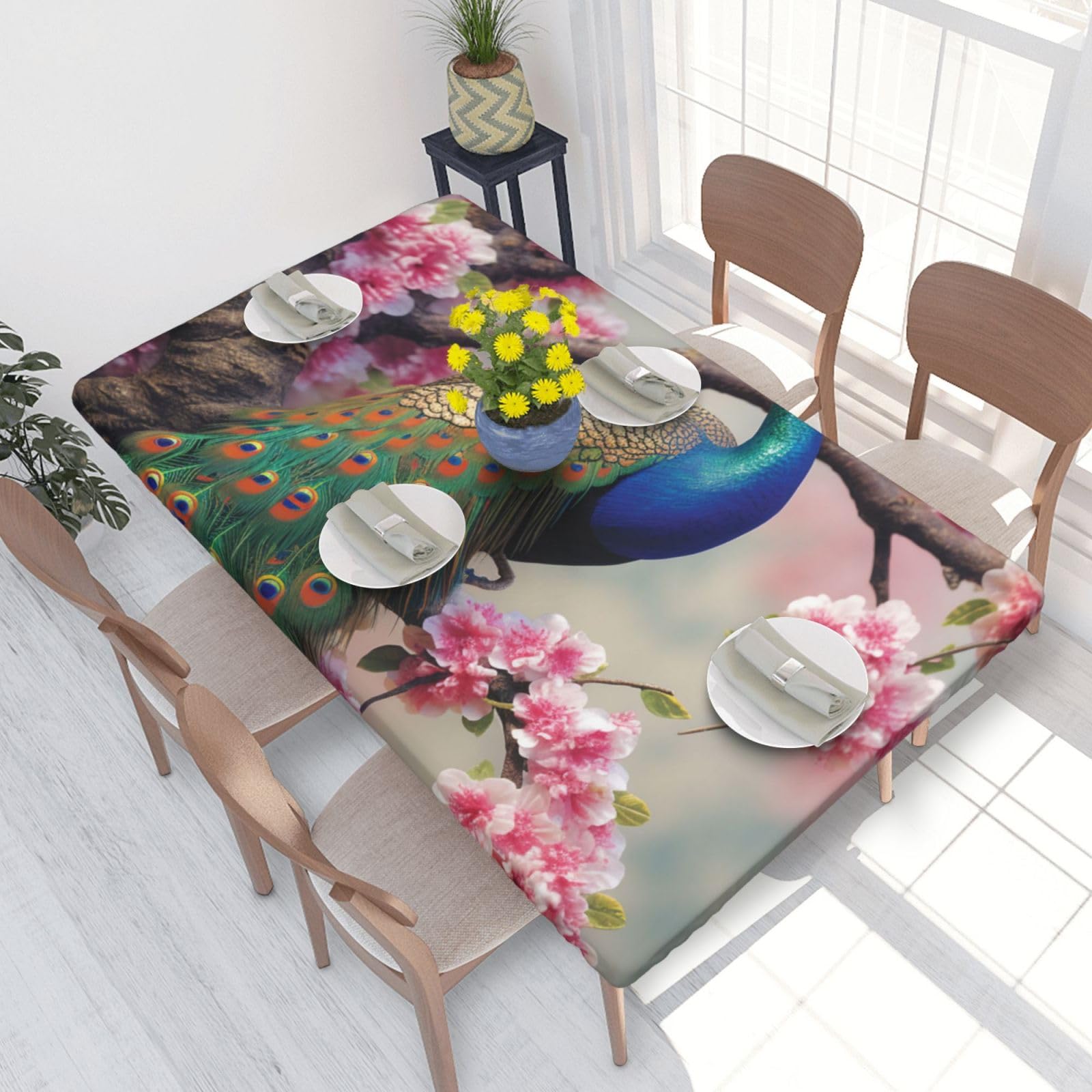 DCARSETCV Peacock on Flower Tree Printed 4FT Waterproof Tablecloth with Elastic Edged Protect & Decor Your Table, Oil-proof Washable Table Cloth Cover for Dinner Picnic Party