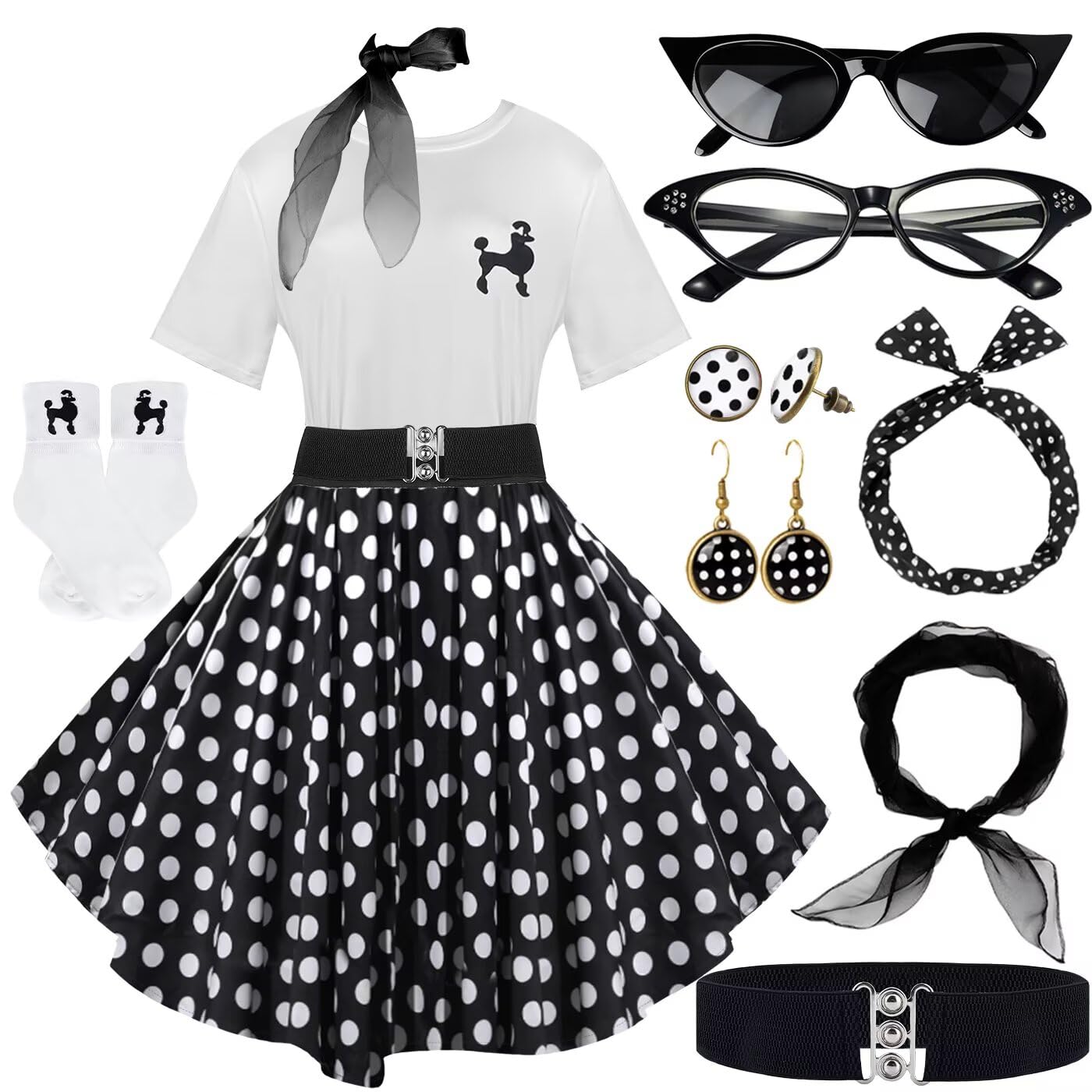 1950s Poodle Skirt Outfit Women 50s Sock Hop Costume T Shirt Accessories, Black-white-dot, XL — image 1