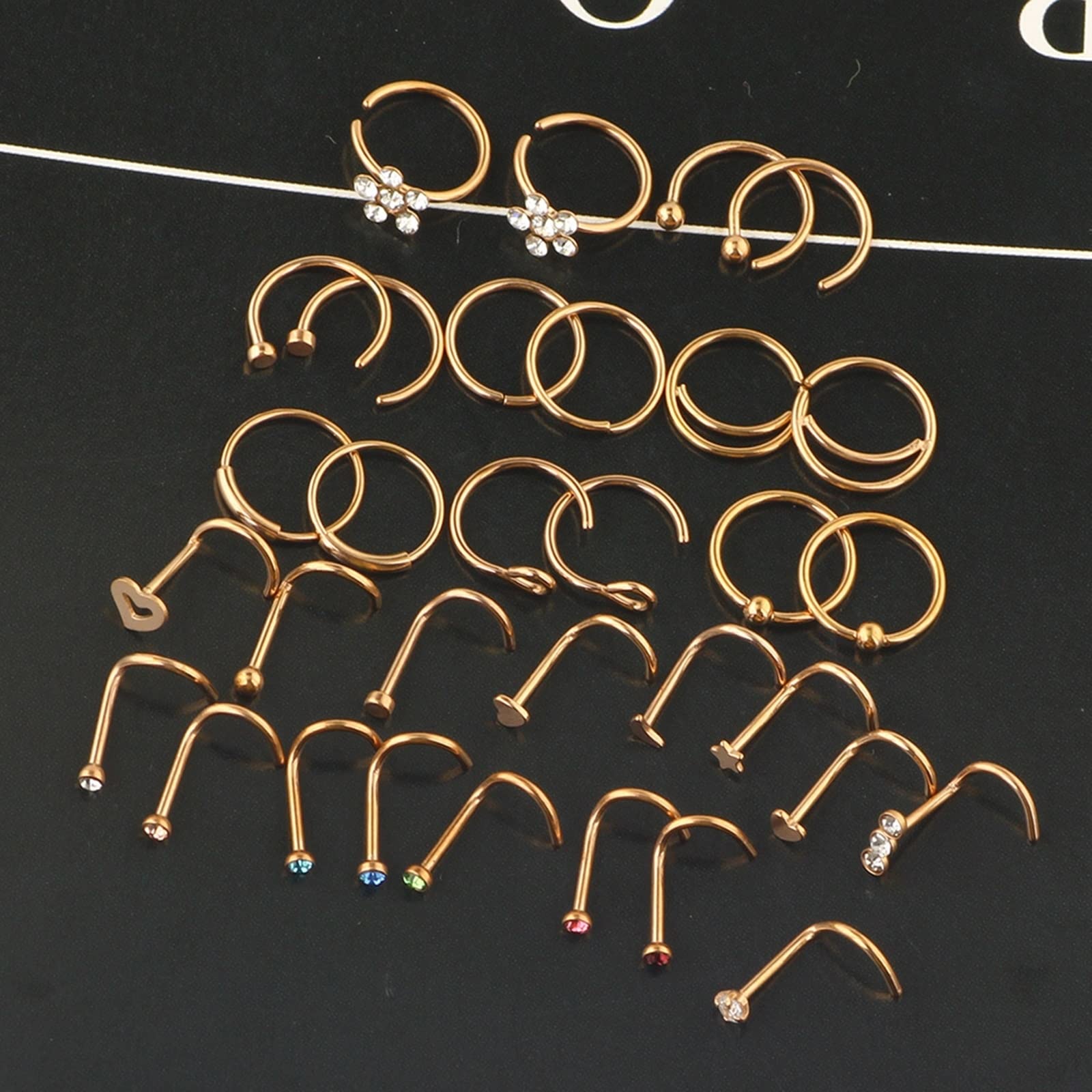 Kolczyk do nosa, biżuteria do piercingu wieży, stal chirurgiczna, 32 szt., grubość 0,8 mm, różowe złoto, cyrkonia, kolczyki i obręcz, gwiazda, serce, biżuteria, prezent, Stal nierdzewna,